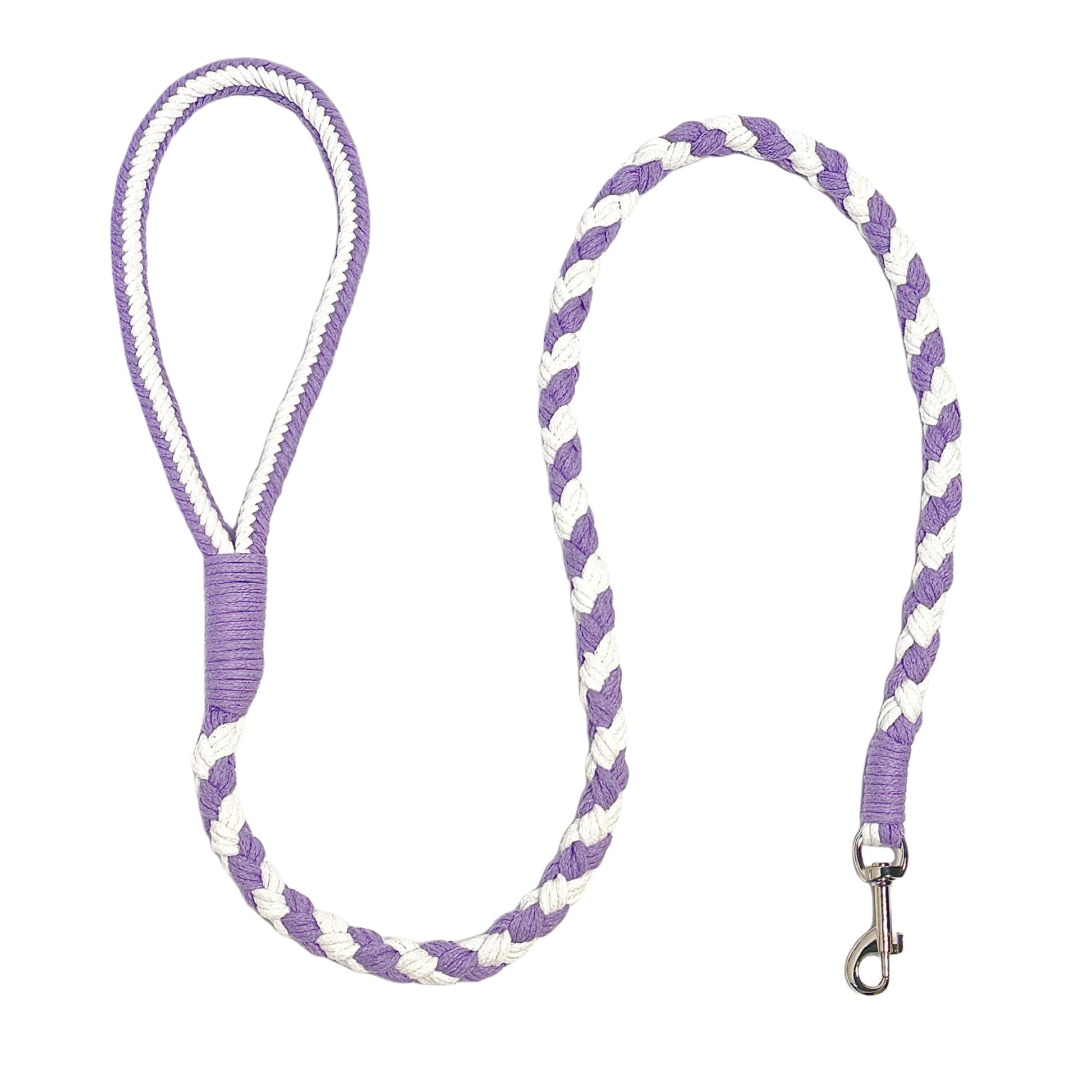 A purple and white handmade dog leash crafted from braided cotton with a soft handle and a secure metal clip, perfect for everyday use.