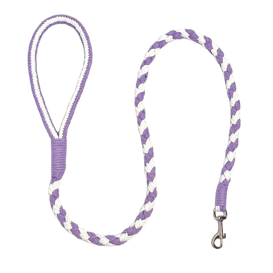 A purple and white handmade dog leash crafted from braided cotton with a soft handle and a secure metal clip, perfect for everyday use.