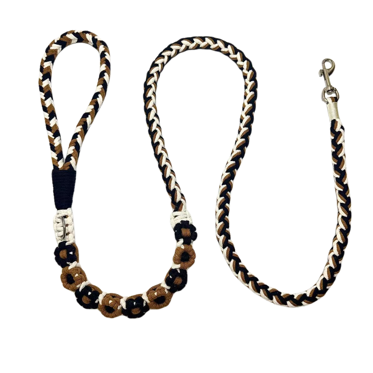 Black and brown nine-flower handmade dog leash laid flat, displaying its overall design with a calm and understated look.
