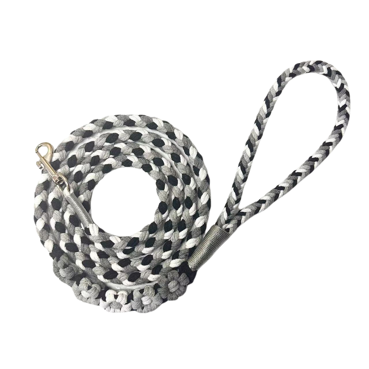 Black and gray five-flower handmade dog leash coiled together, displaying its overall design with a calm and elegant look.