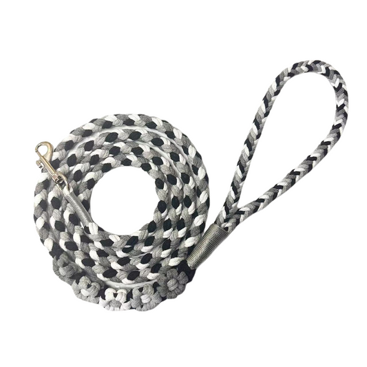 Black and gray five-flower handmade dog leash coiled together, displaying its overall design with a calm and elegant look.