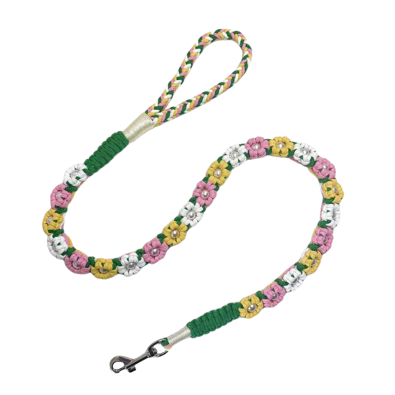 Handmade blooming meadow dog leash crafted from four colorful cotton ropes, the leash showcases beautifully woven floral accents.