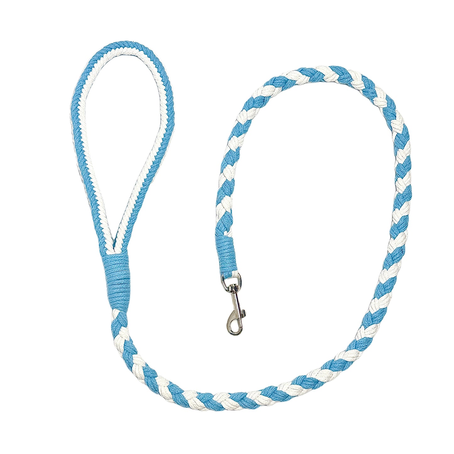 A blue and white braided handmade dog leash laid flat in a circular arrangement, showcasing the durable handle and sturdy metal clip, ideal for daily walks.