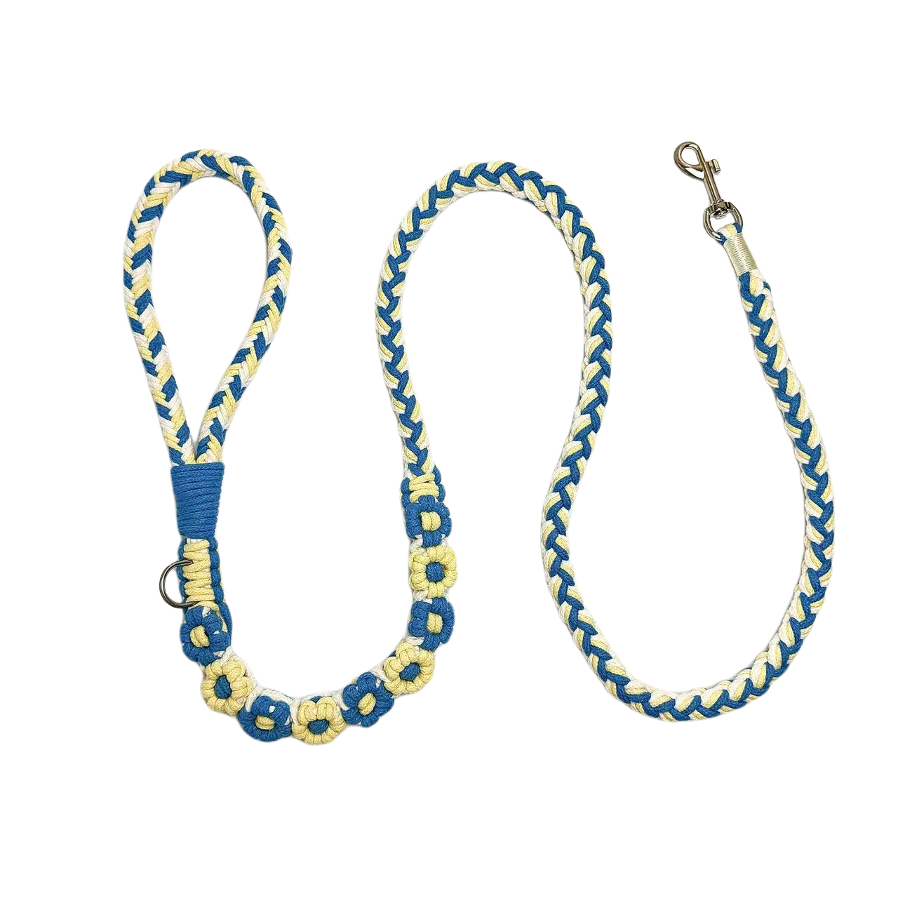blue and yellow nine-flower handmade dog leash laid flat, displaying its overall design with a bright and stylish look.