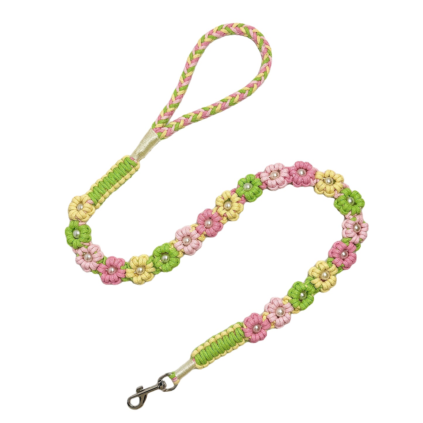 Handmade yellow, pink and green dog leash crafted from four colorful cotton ropes, the leash showcases beautifully woven floral accents.