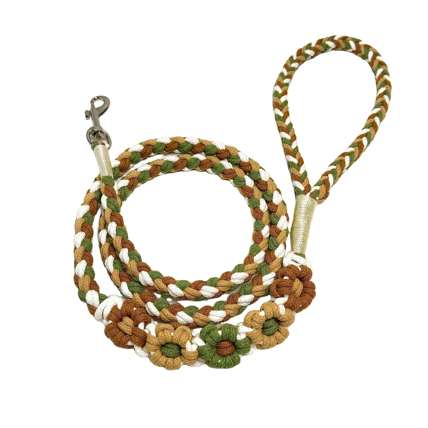 Brown and green five-flower handmade dog leash coiled together, displaying its overall design with an elegant and stable look.