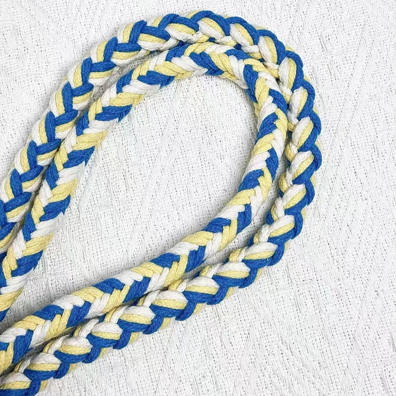 A detailed view of a blue, yellow, and white braided dog leash, highlighting its sturdy handwoven handle section and the neatly arranged leash cord.