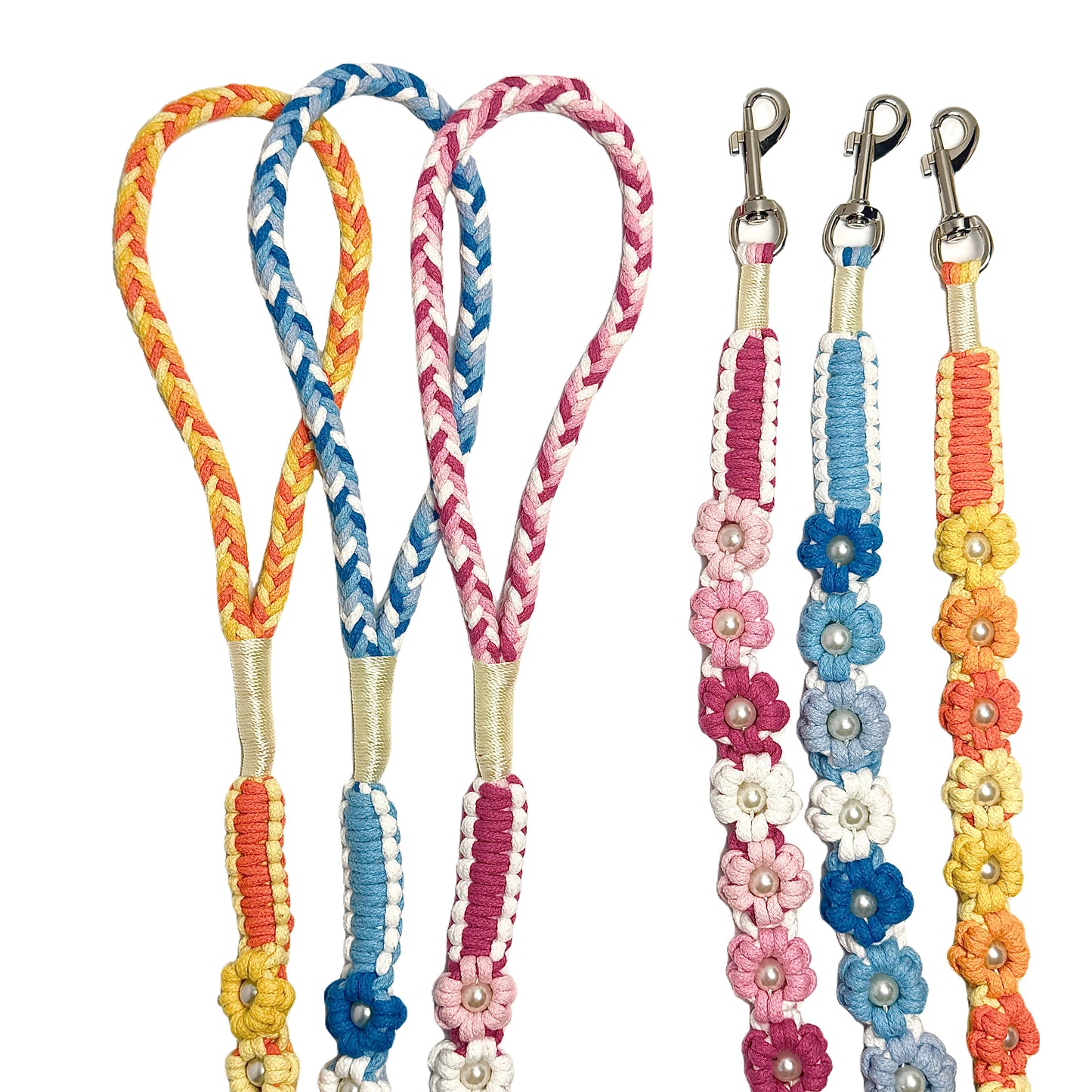 Three vibrant handmade dog leashes featuring colorful braided handles, sturdy clips, and multiple handwoven floral accents, perfect for daily walks.