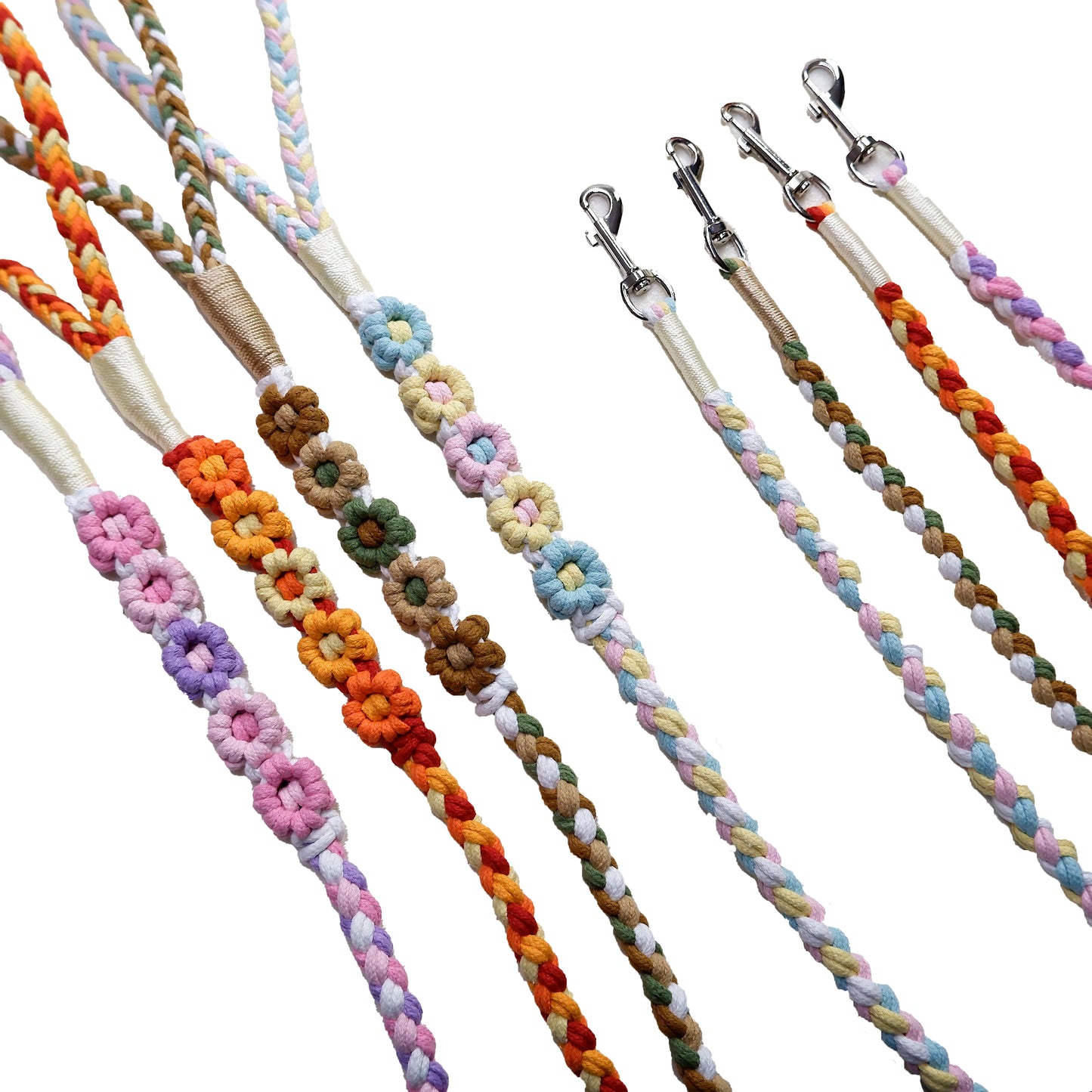 Four lively handmade dog leashes showcasing colorful braided handles, durable clips, and intricately woven floral details, ideal for everyday walks.