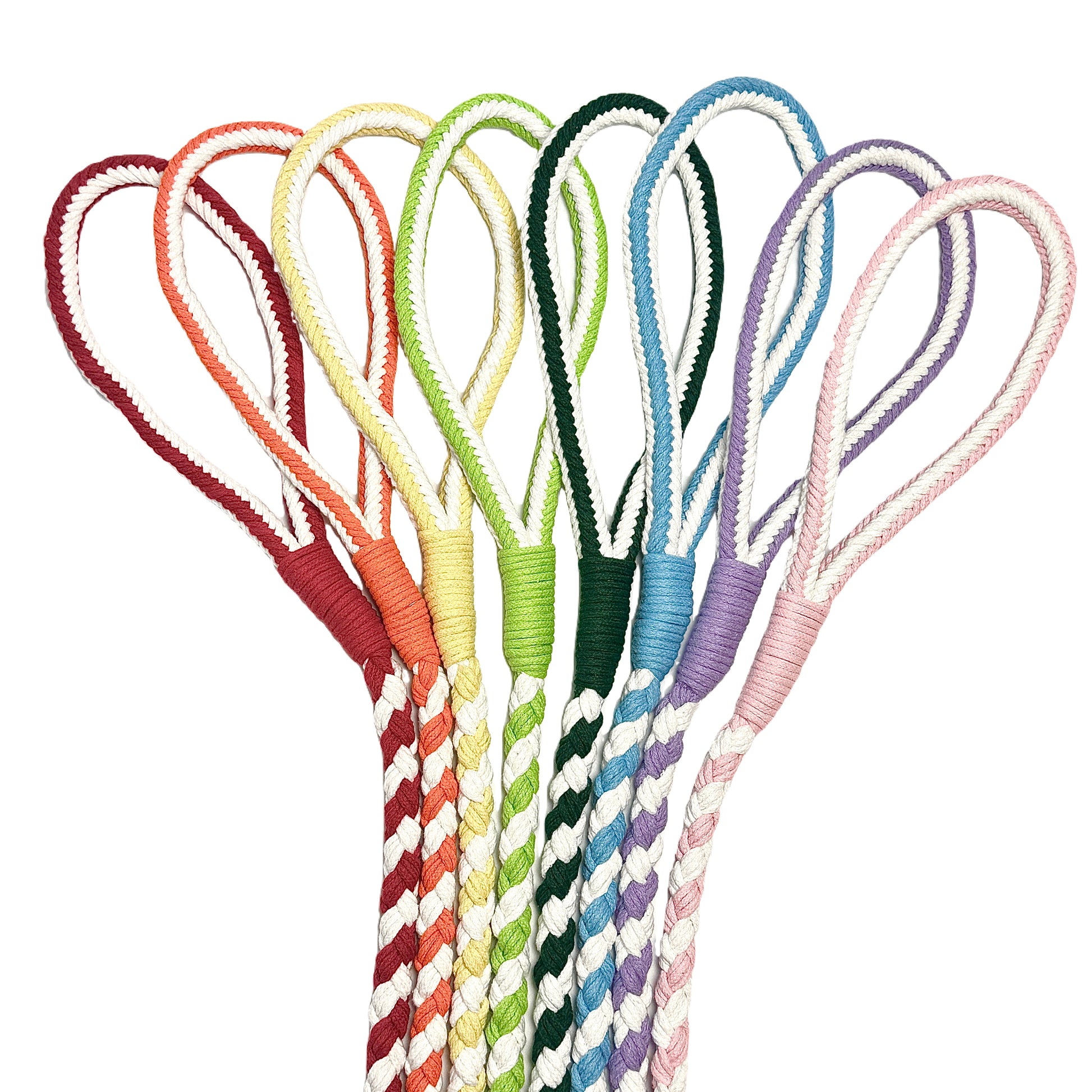 A set of colorful handwoven braided dog leash handles made from durable cotton rope. The looped handles feature a sturdy wrap design for a comfortable grip, showcasing a variety of vibrant color combinations.