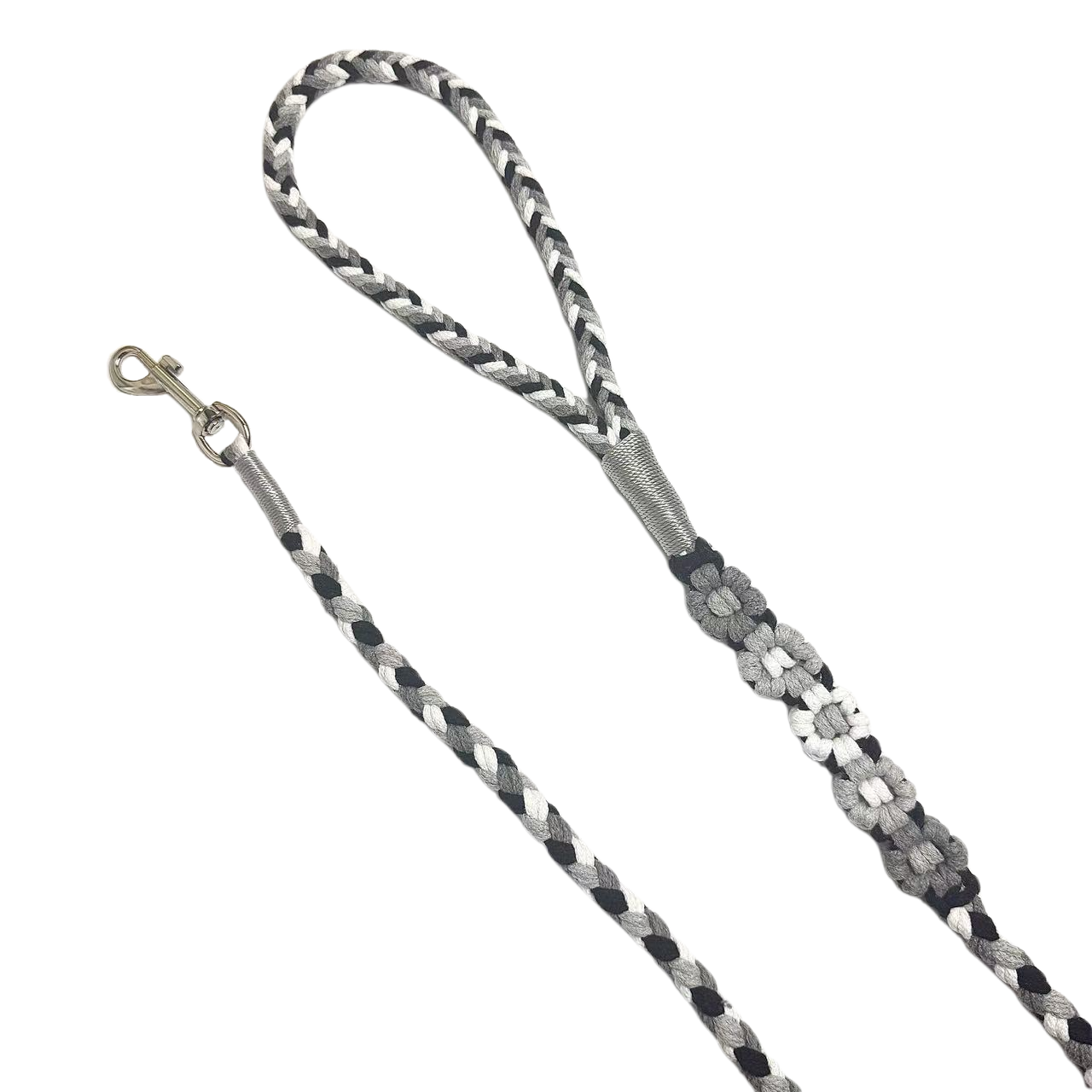 The soft handle and the clip of the five flowers series handmade black gray dog leash.