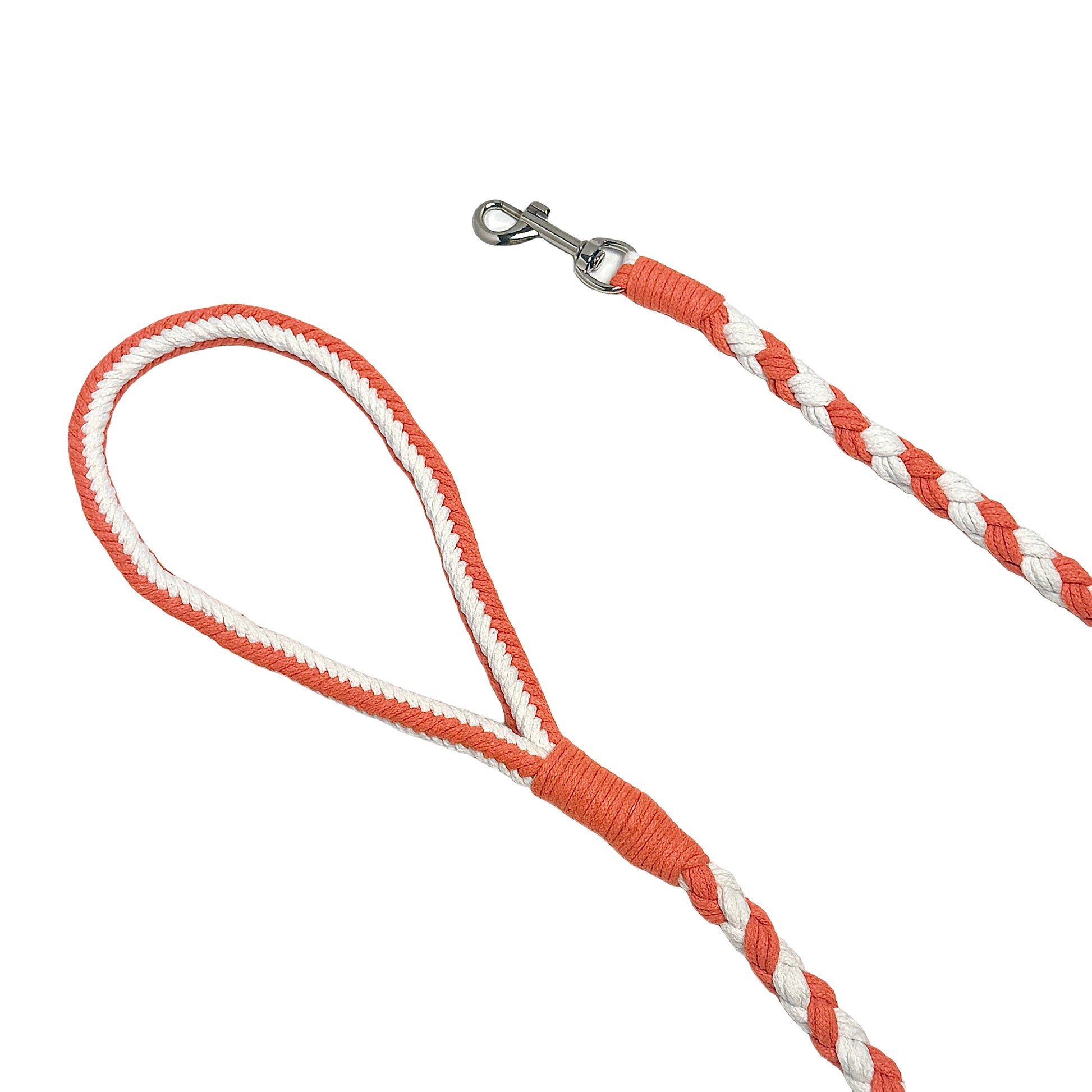 The soft handle and the clip of the basic style handmade orange white dog leash, showcasing its durable and craftsmanship.
