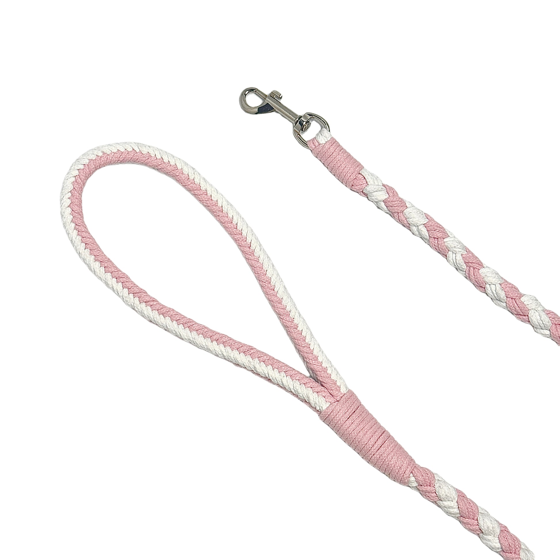 The soft handle and the clip of the basic style handmade pink white dog leash, showcasing its durable and craftsmanship.