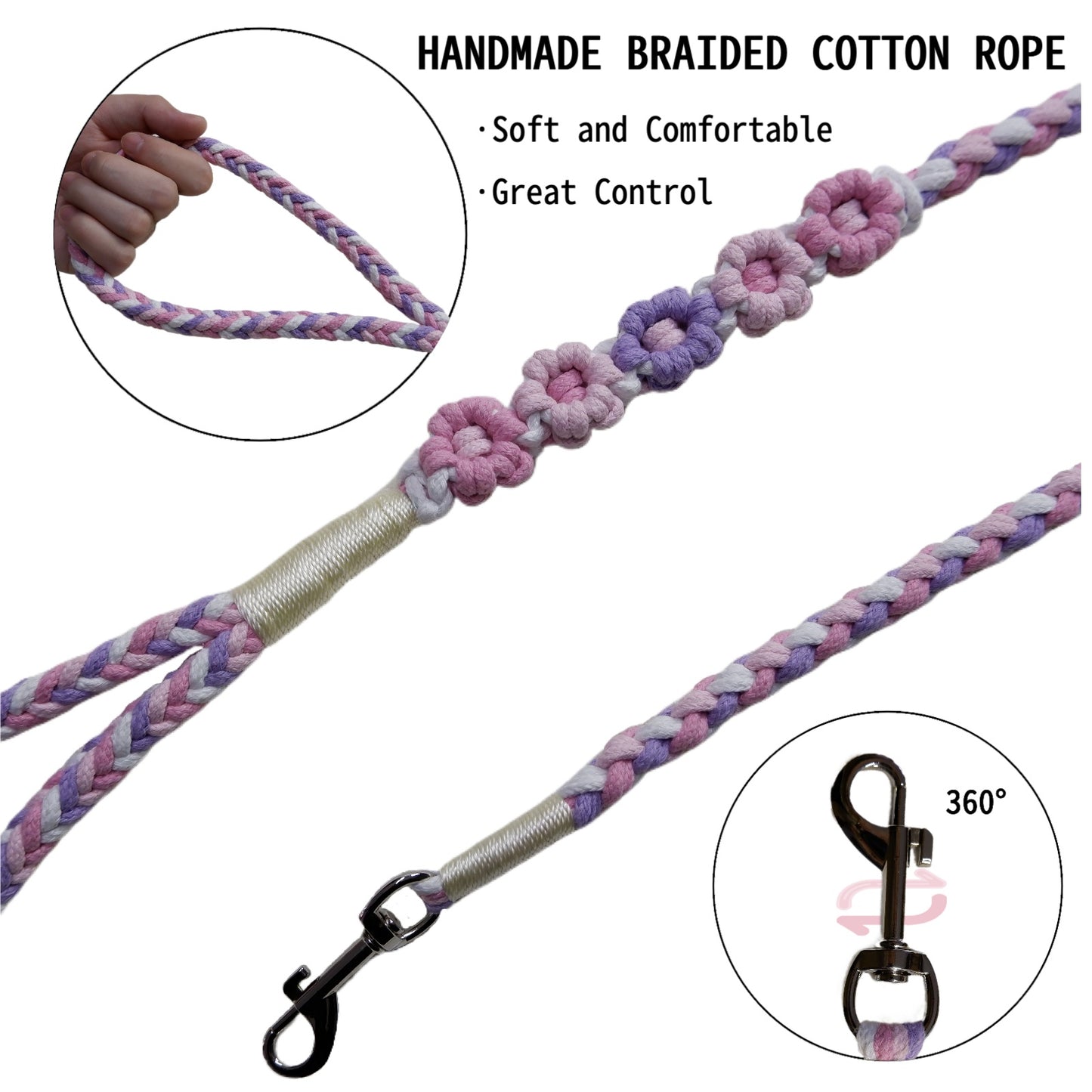 The soft handle and the clip of the five flowers series handmade purple pink dog leash