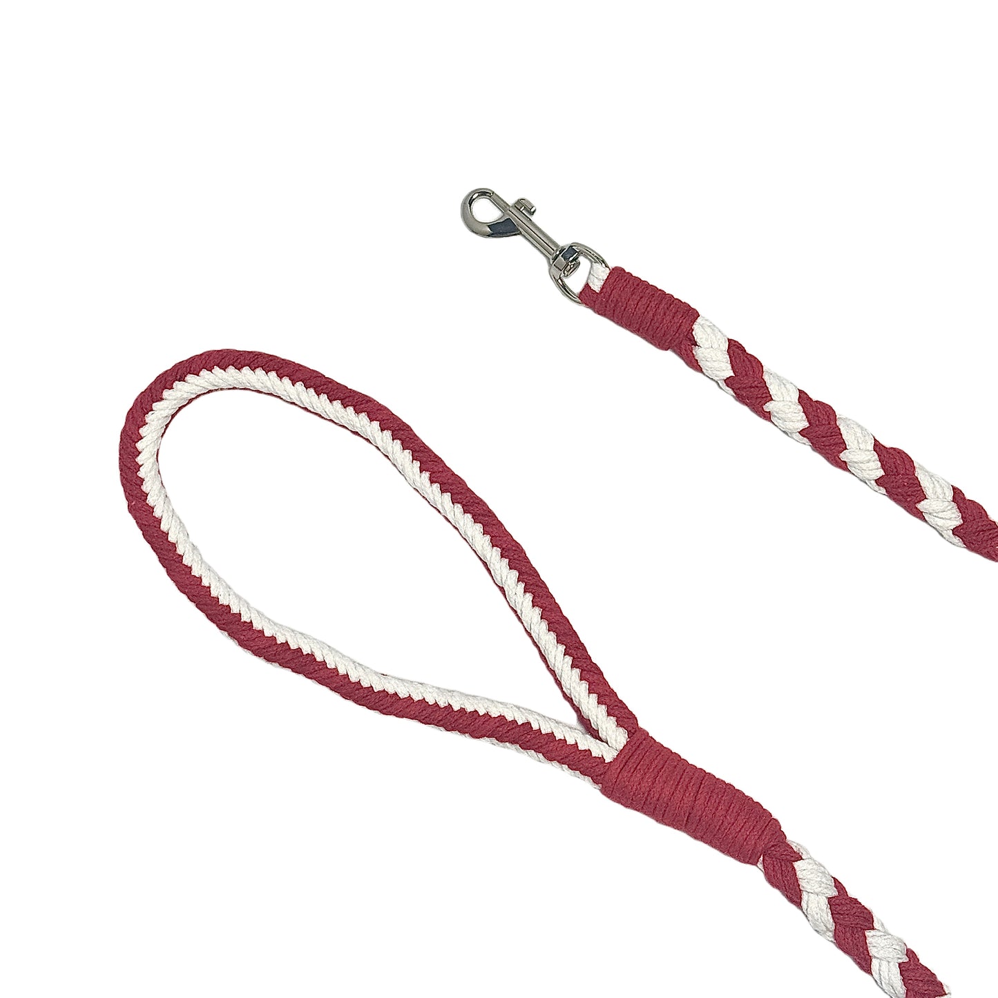 The soft handle and the clip of the basic style handmade red white dog leash, showcasing its durable and craftsmanship.