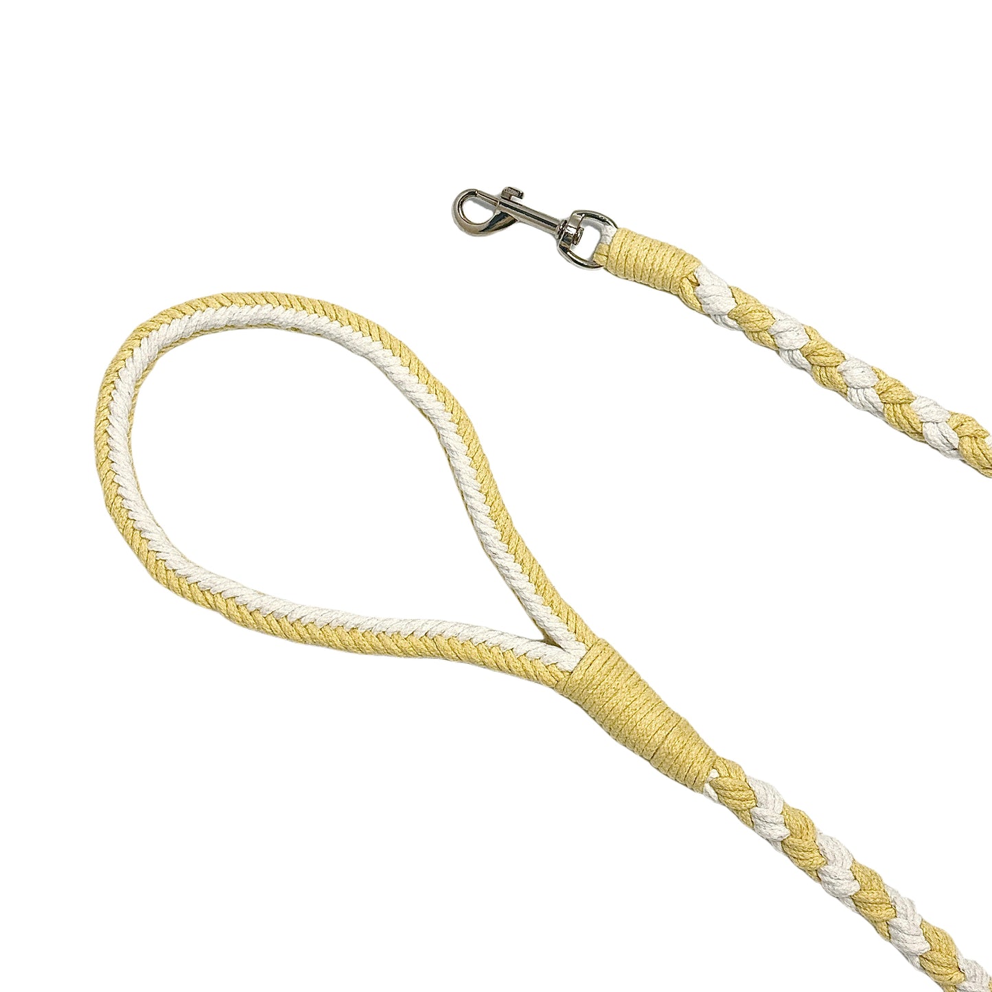 The soft handle and the clip of the basic style handmade yellow white dog leash, showcasing its durable and craftsmanship.