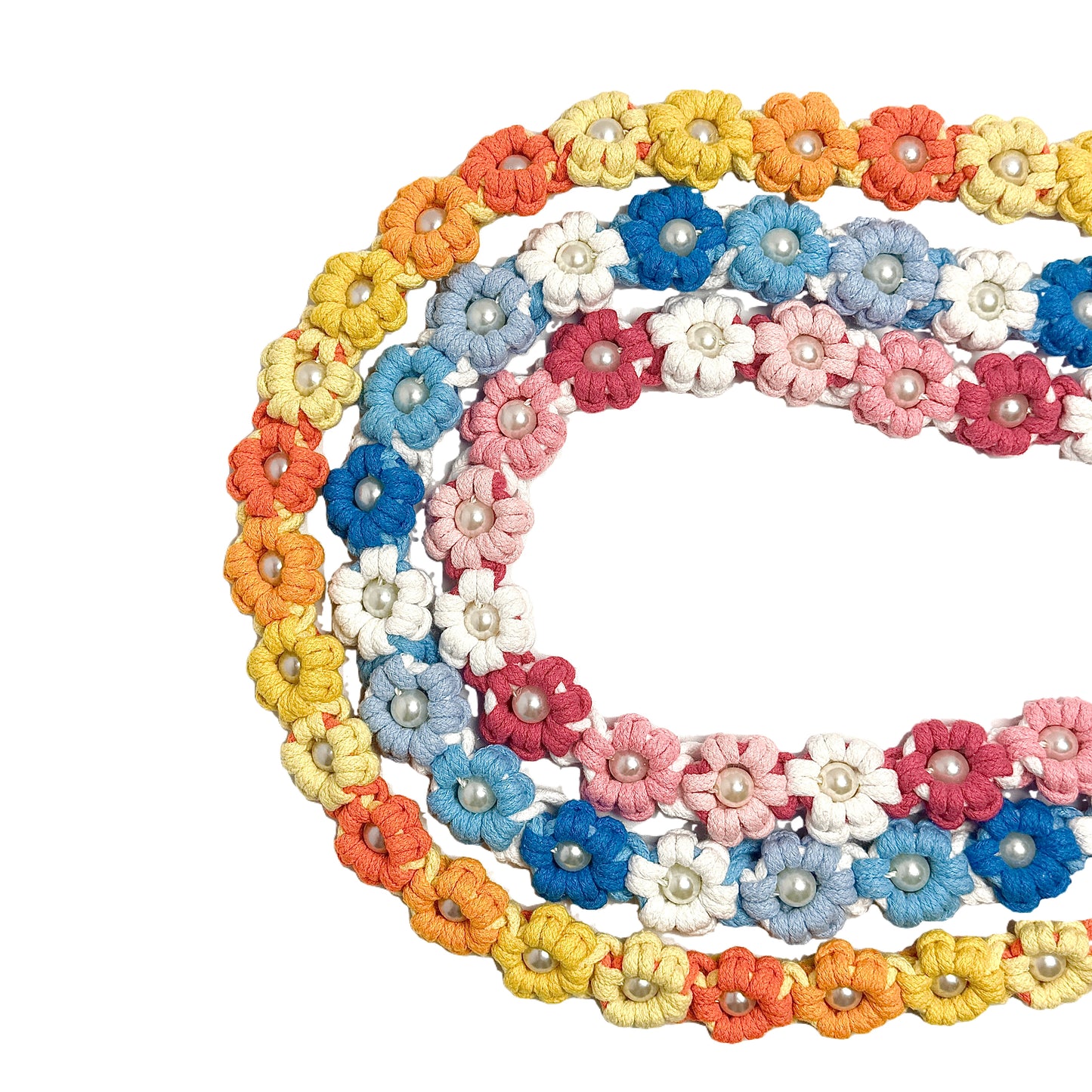 Three whole flowers handmade dog leashes arranged in a semicircle, showcasing their stunning handwoven floral sections, beautifully crafted and vibrant.