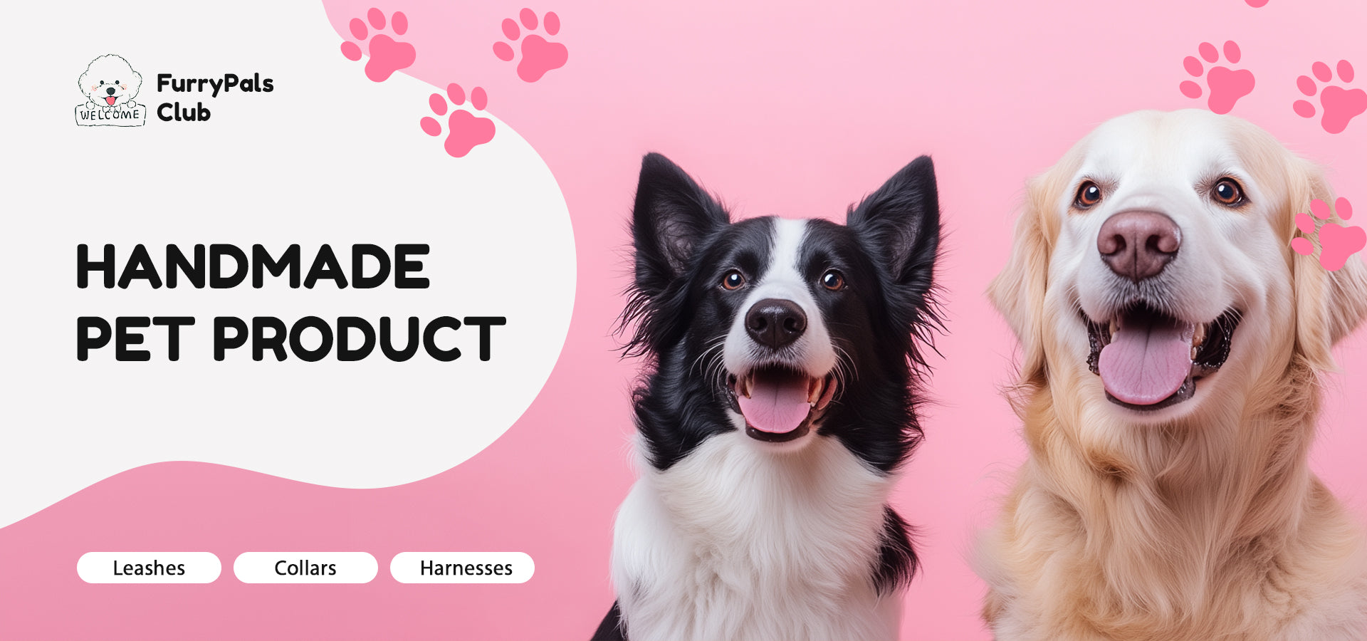 Two adorable dogs, a Border Collie and a Golden Retriever, happily smiling with a joyful expression.