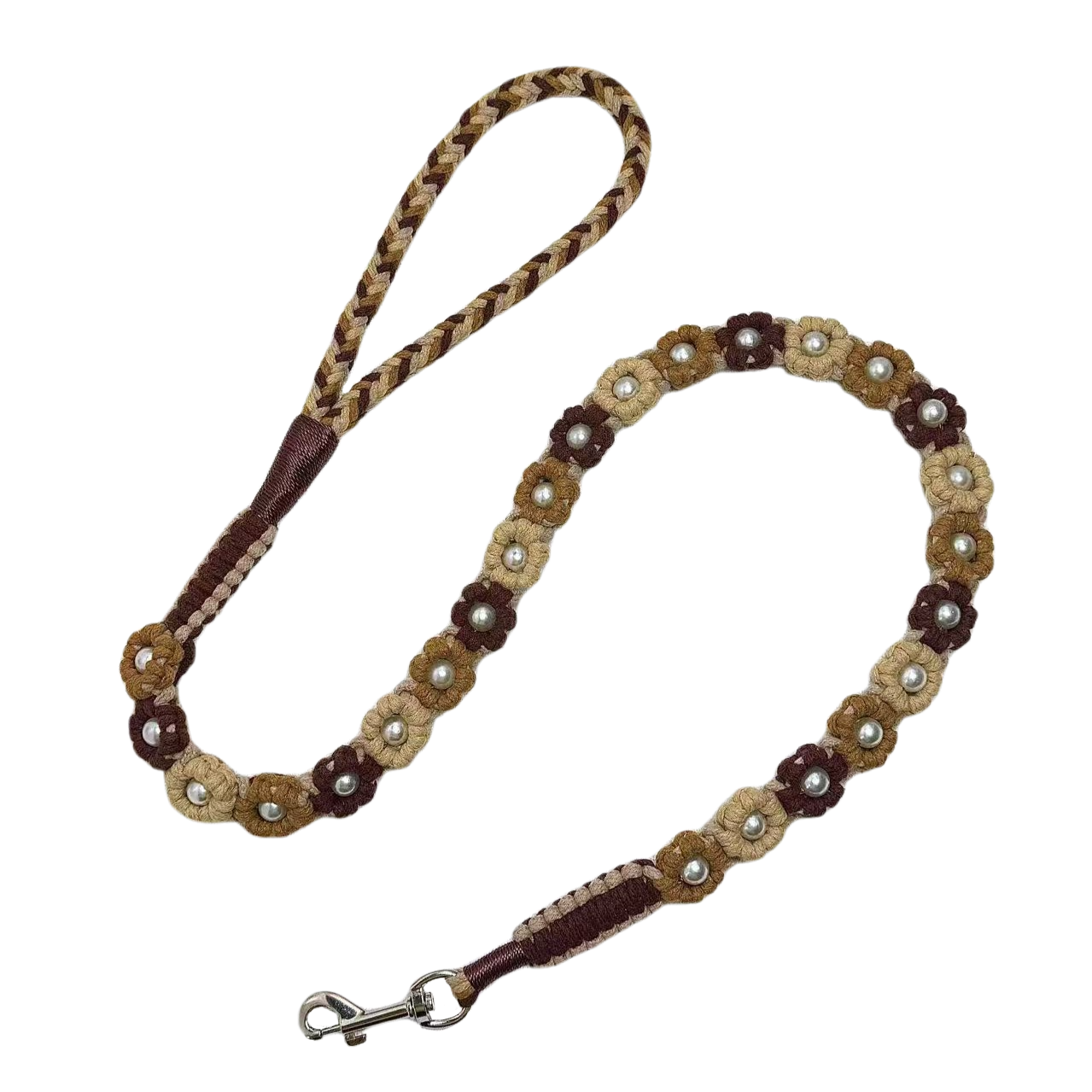 Handmade brown dog leash crafted from four colorful cotton ropes, the leash showcases beautifully woven floral accents.