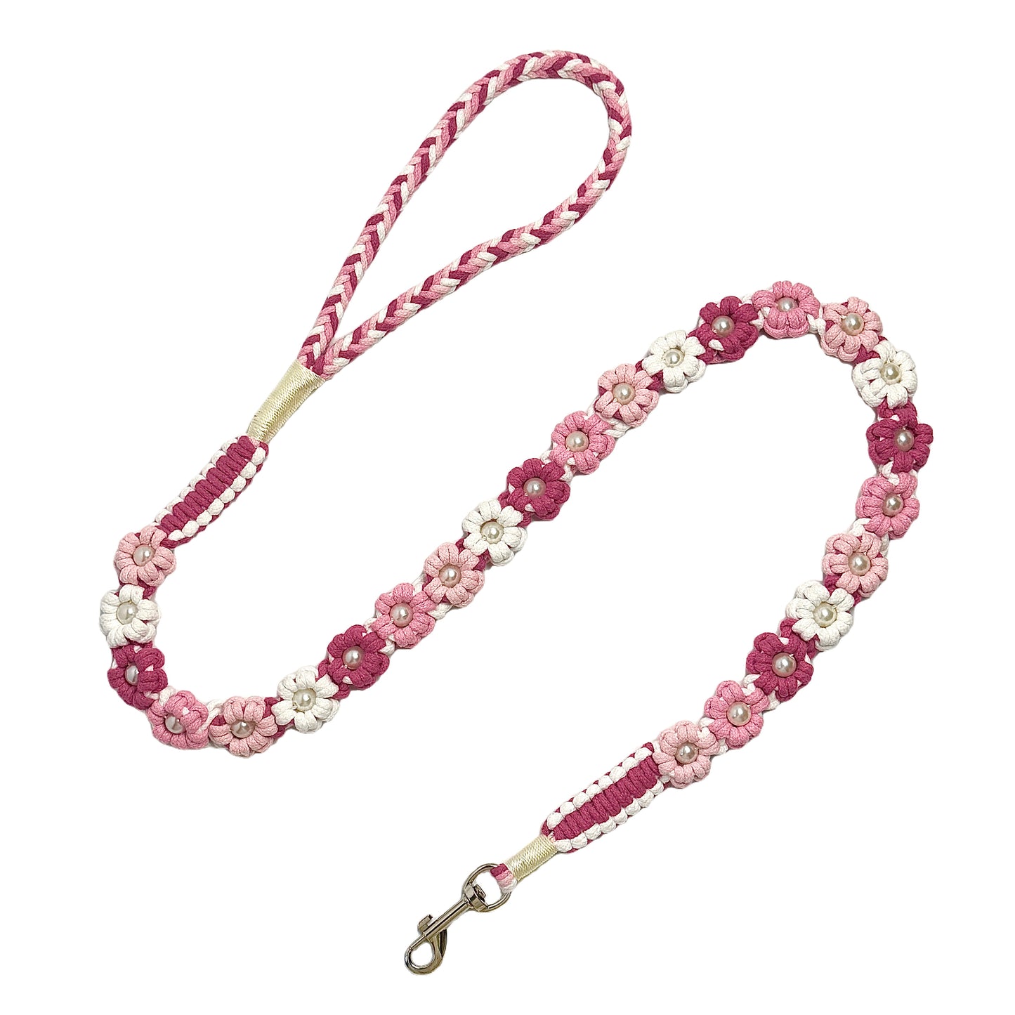 Handmade red pink dog leash crafted from four colorful cotton ropes, the leash showcases beautifully woven floral accents.