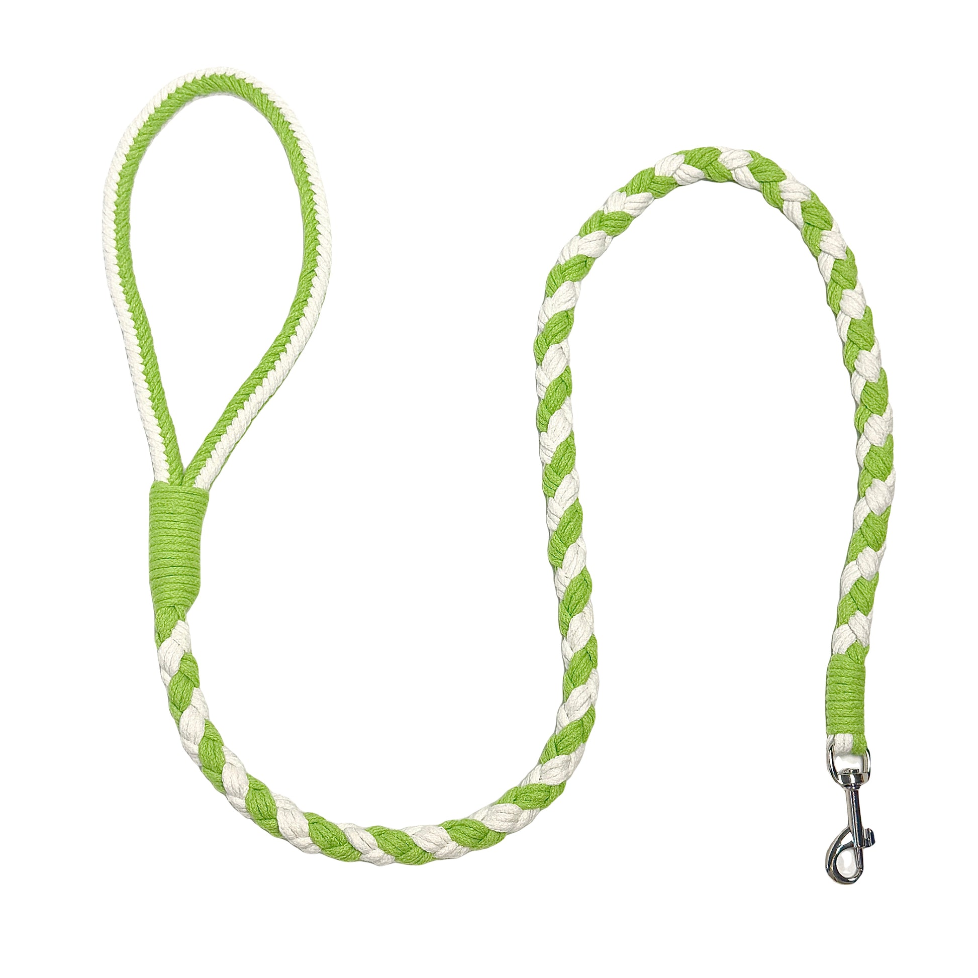 A green and white handmade dog leash crafted from braided cotton with a soft handle and a secure metal clip, perfect for everyday use.