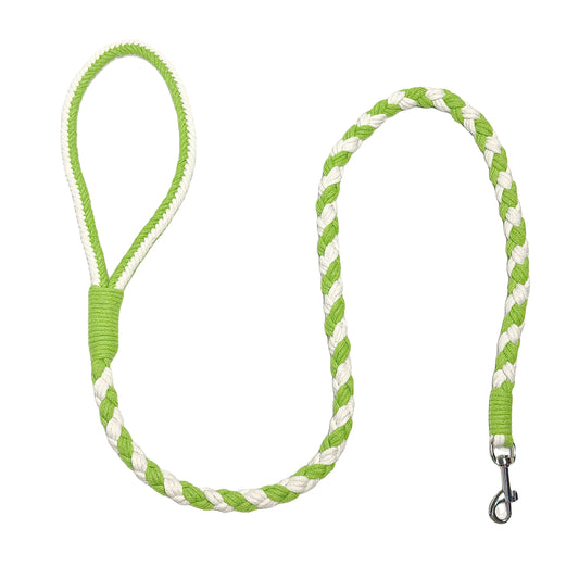 A green and white handmade dog leash crafted from braided cotton with a soft handle and a secure metal clip, perfect for everyday use.