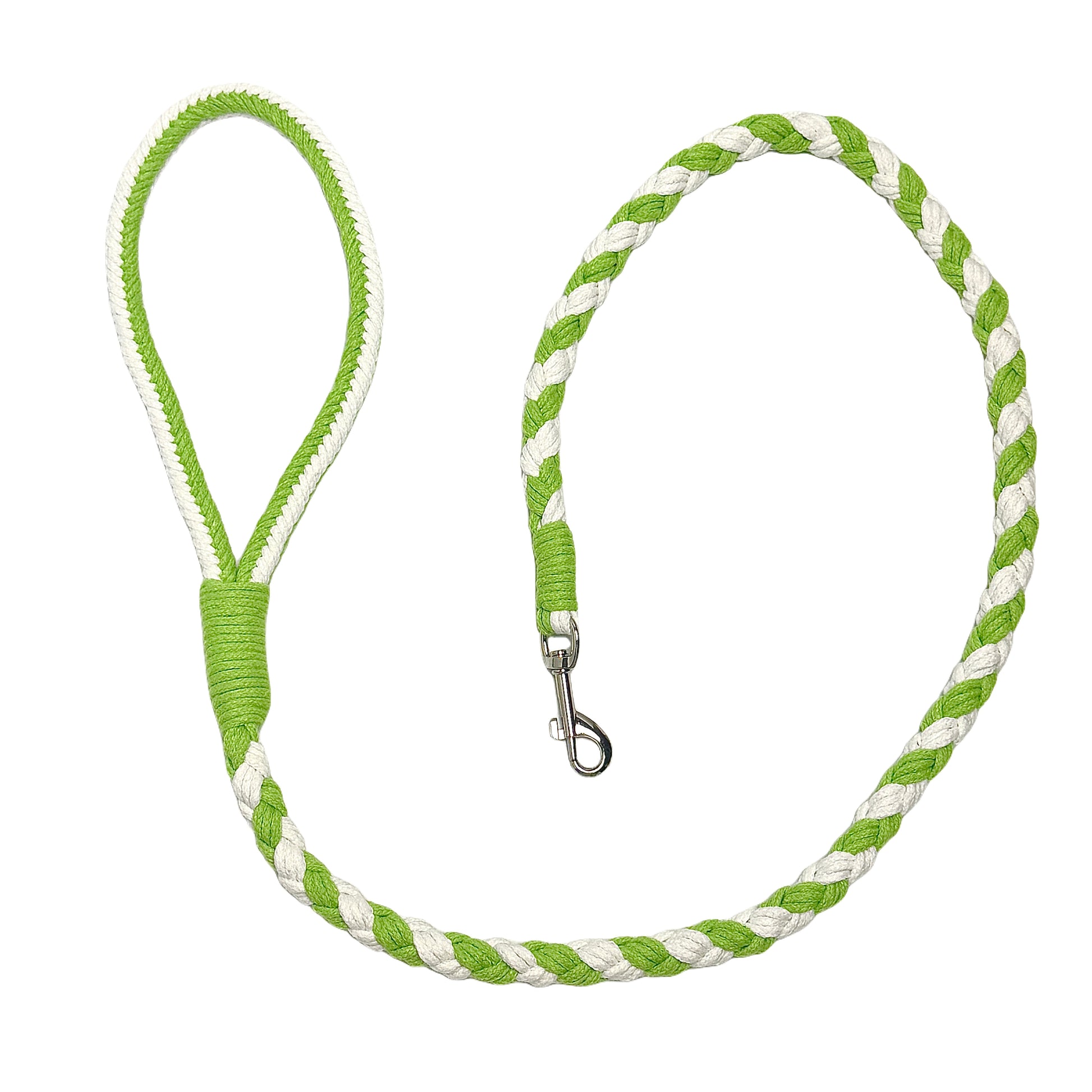 A green and white braided handmade dog leash laid flat in a circular arrangement, showcasing the durable handle and sturdy metal clip, ideal for daily walks.