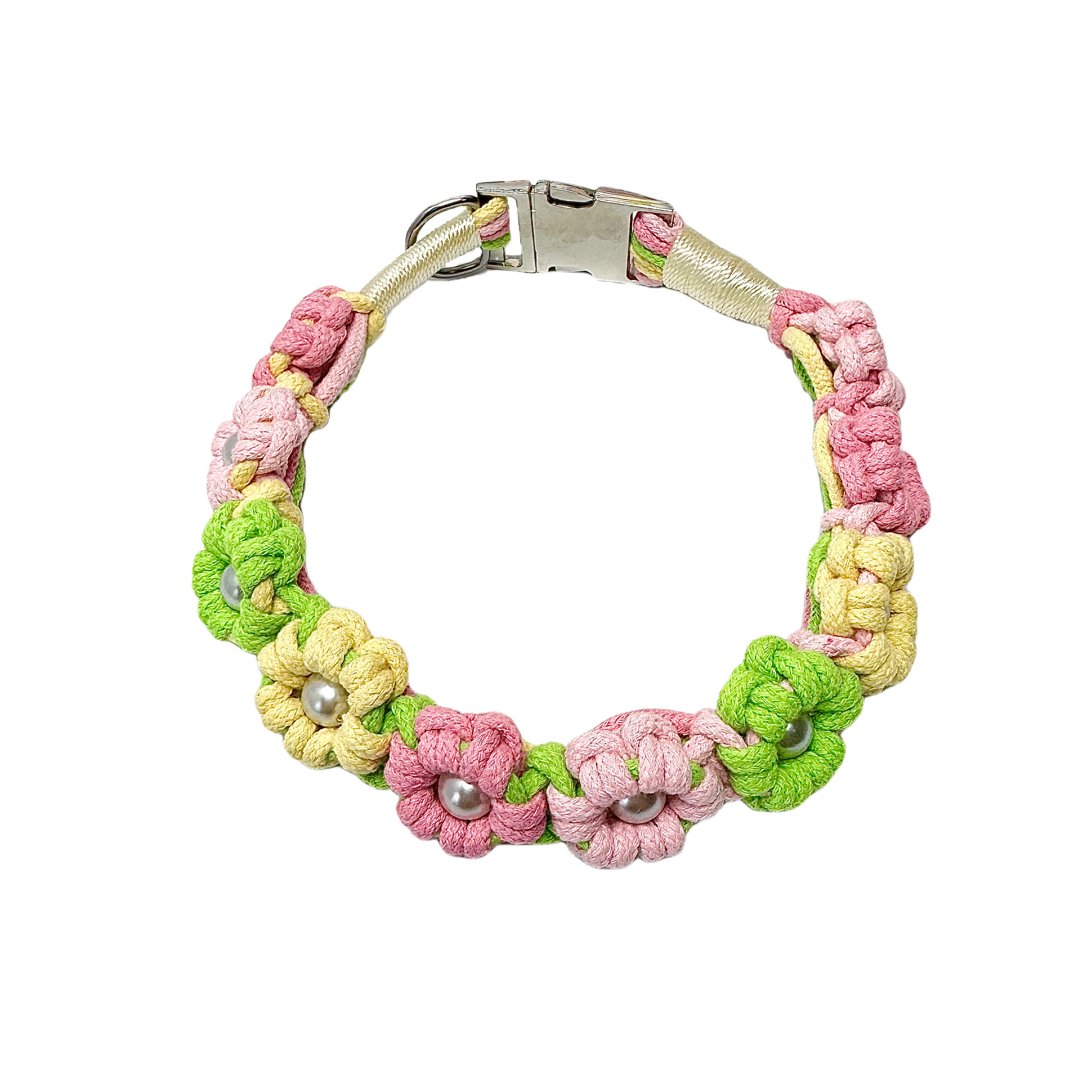 A green and yellow handmade dog collar featuring braided flower patterns with pearl embellishments, adding a touch of delight to your pet's life.
