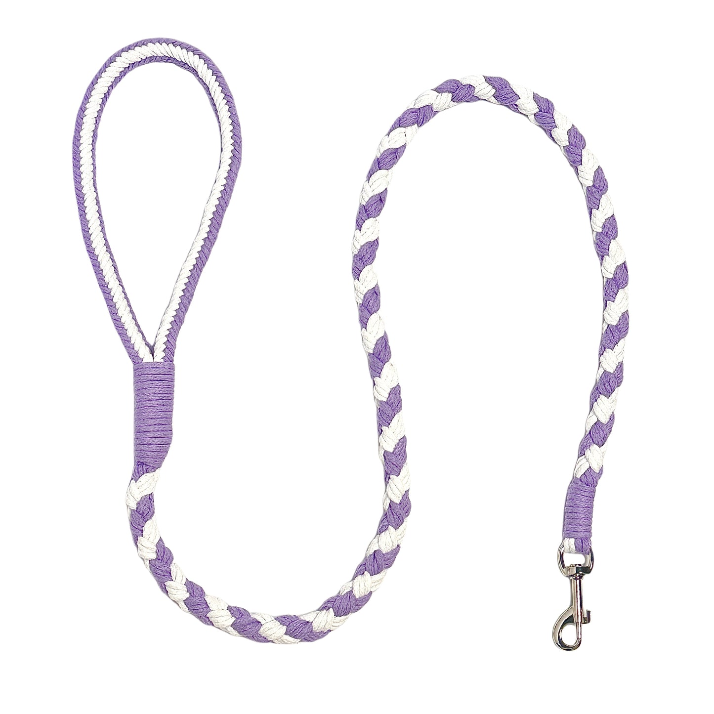A purple and white handmade dog leash crafted from braided cotton with a soft handle and a secure metal clip, perfect for everyday use.