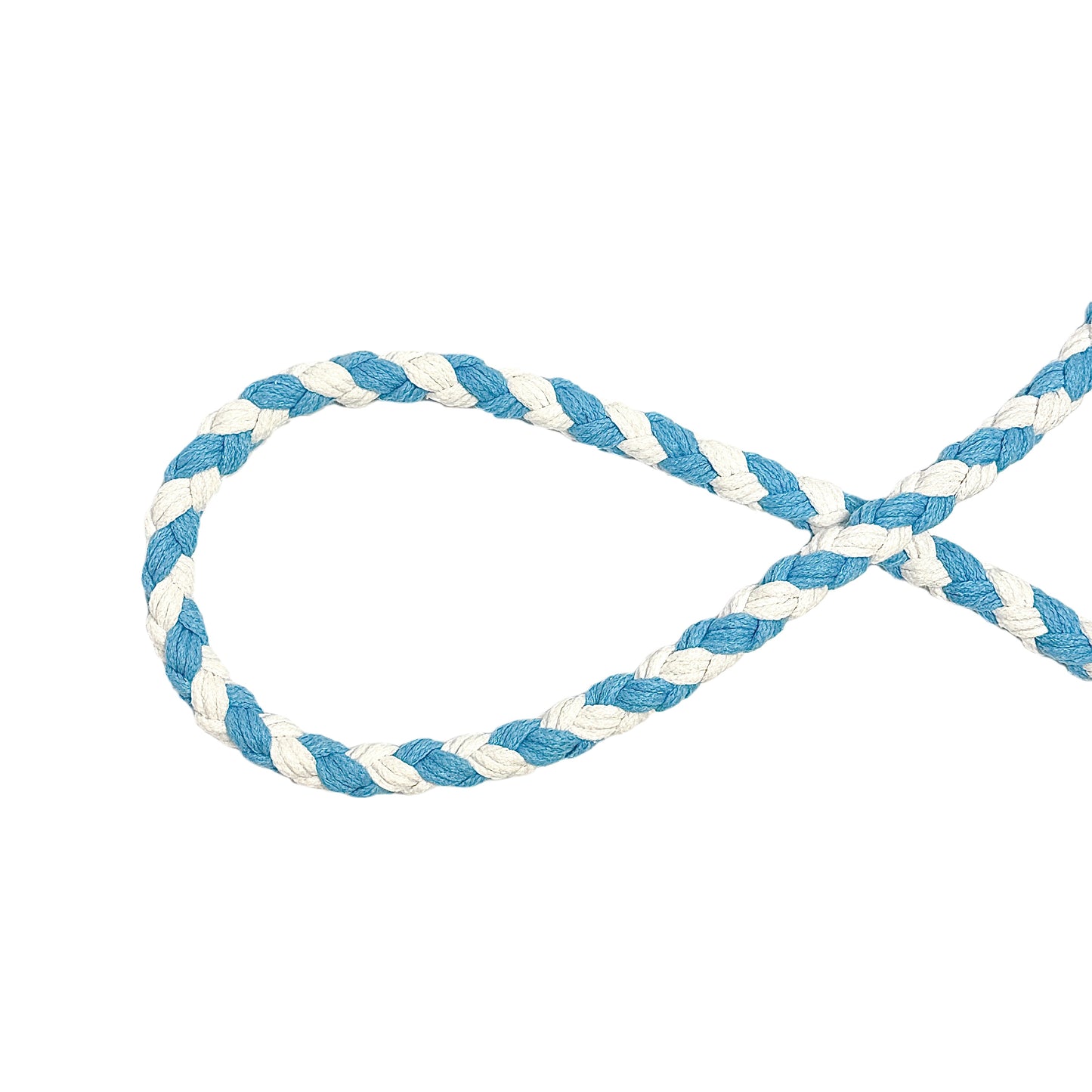 A close-up of a handwoven blue and white braided rope, crafted from soft cotton material, this rope features a twisted design, creating a durable and stylish pattern.