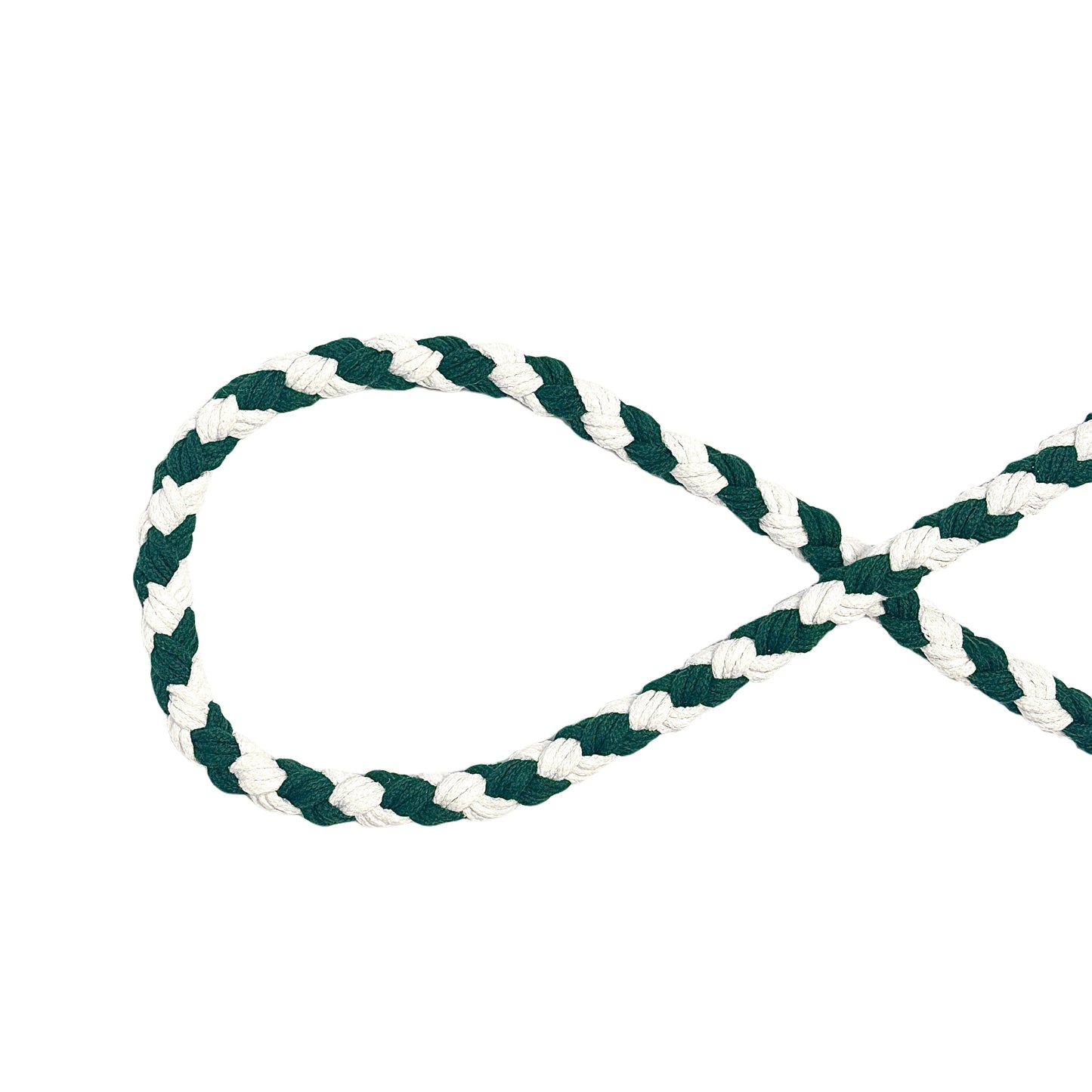 A close-up of a handwoven cyan and white braided rope, crafted from soft cotton material, this rope features a twisted design, creating a durable and stylish pattern.