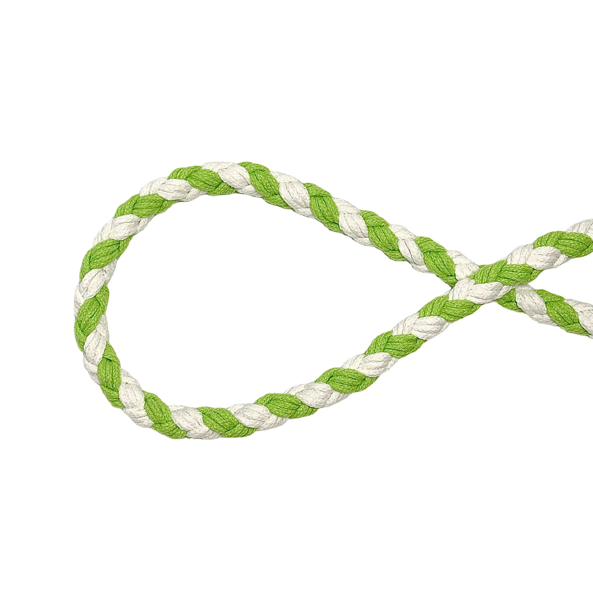 A close-up of a handwoven green and white braided rope, crafted from soft cotton material, this rope features a twisted design, creating a durable and stylish pattern.