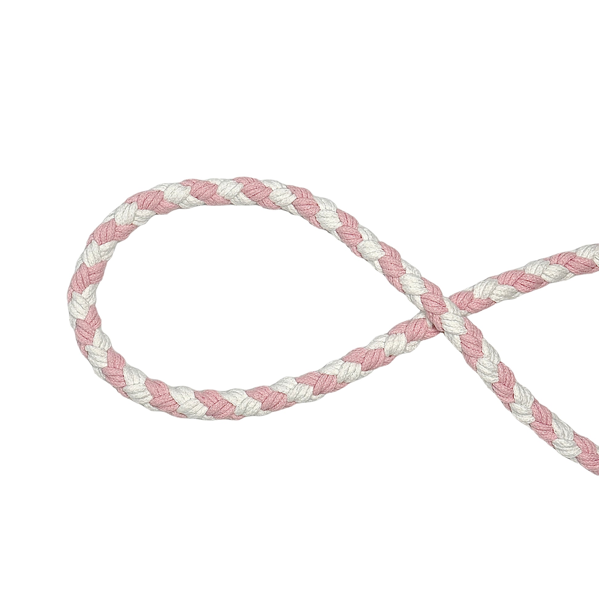 A close-up of a handwoven pink and white braided rope, crafted from soft cotton material, this rope features a twisted design, creating a durable and stylish pattern.