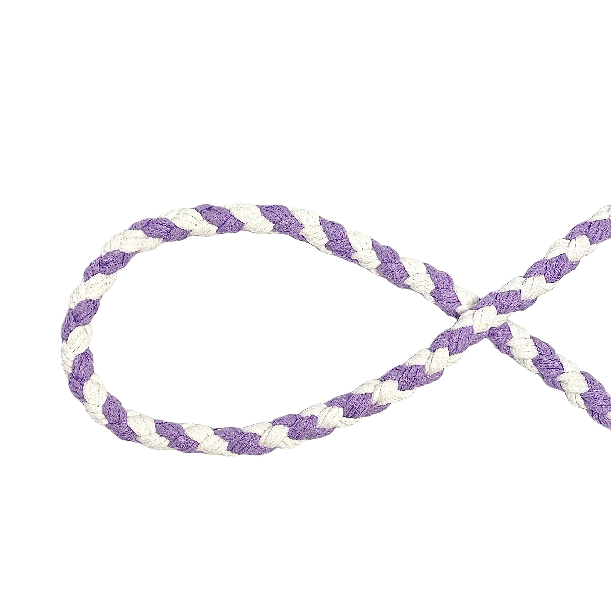 A close-up of a handwoven purple and white braided rope, crafted from soft cotton material, this rope features a twisted design, creating a durable and stylish pattern.