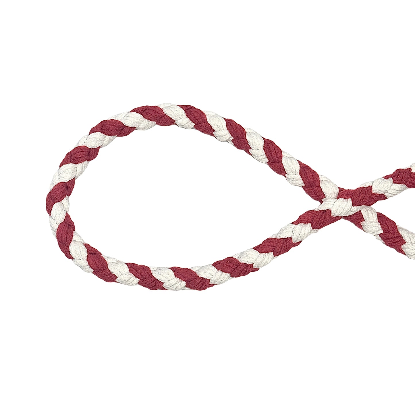 A close-up of a handwoven red and white braided rope, crafted from soft cotton material, this rope features a twisted design, creating a durable and stylish pattern.