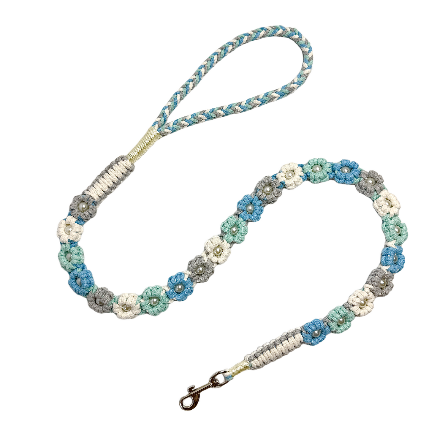 Handmade ocean blue dog leash crafted from four colorful cotton ropes, the leash showcases beautifully woven floral accents.