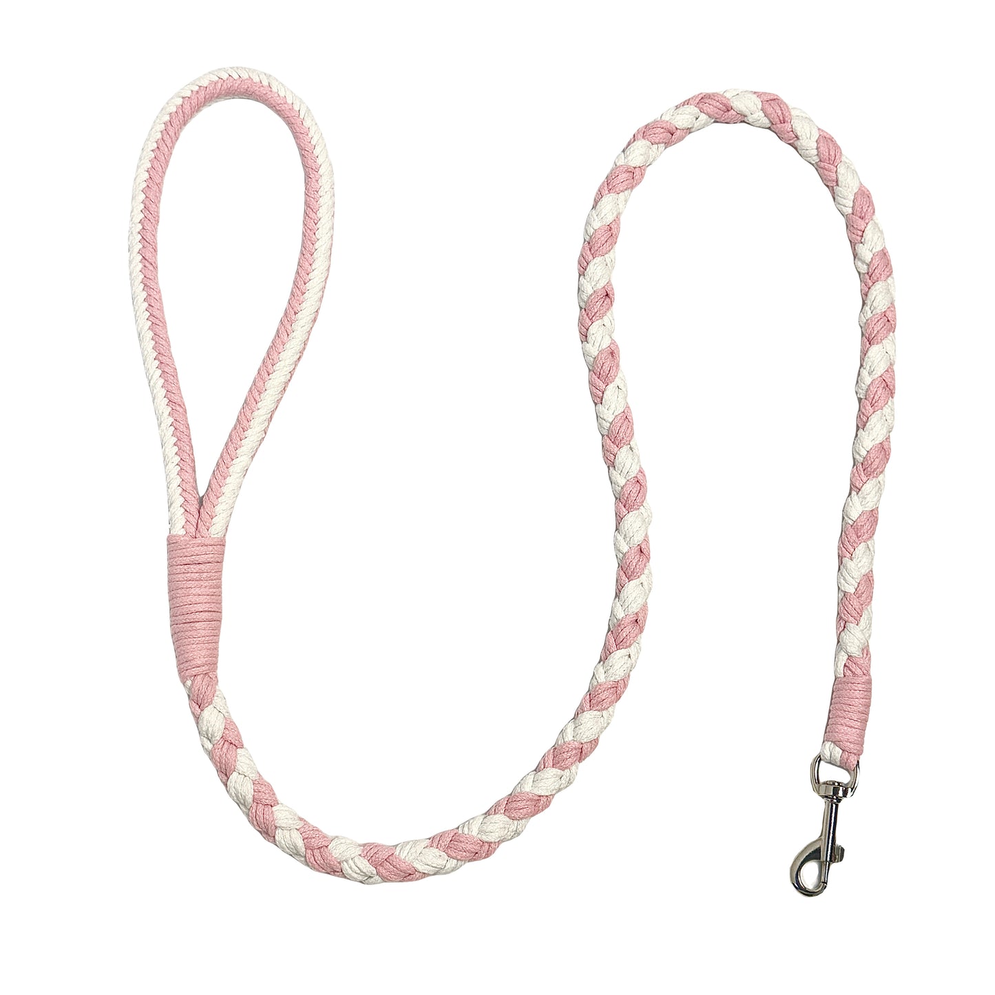 A pink and white handmade dog leash crafted from braided cotton with a soft handle and a secure metal clip, perfect for everyday use.