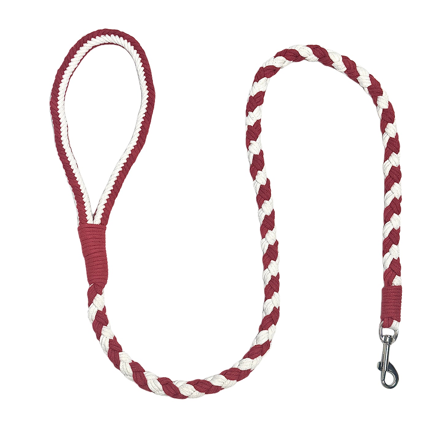 A red and white handmade dog leash crafted from braided cotton with a soft handle and a secure metal clip, perfect for everyday use.