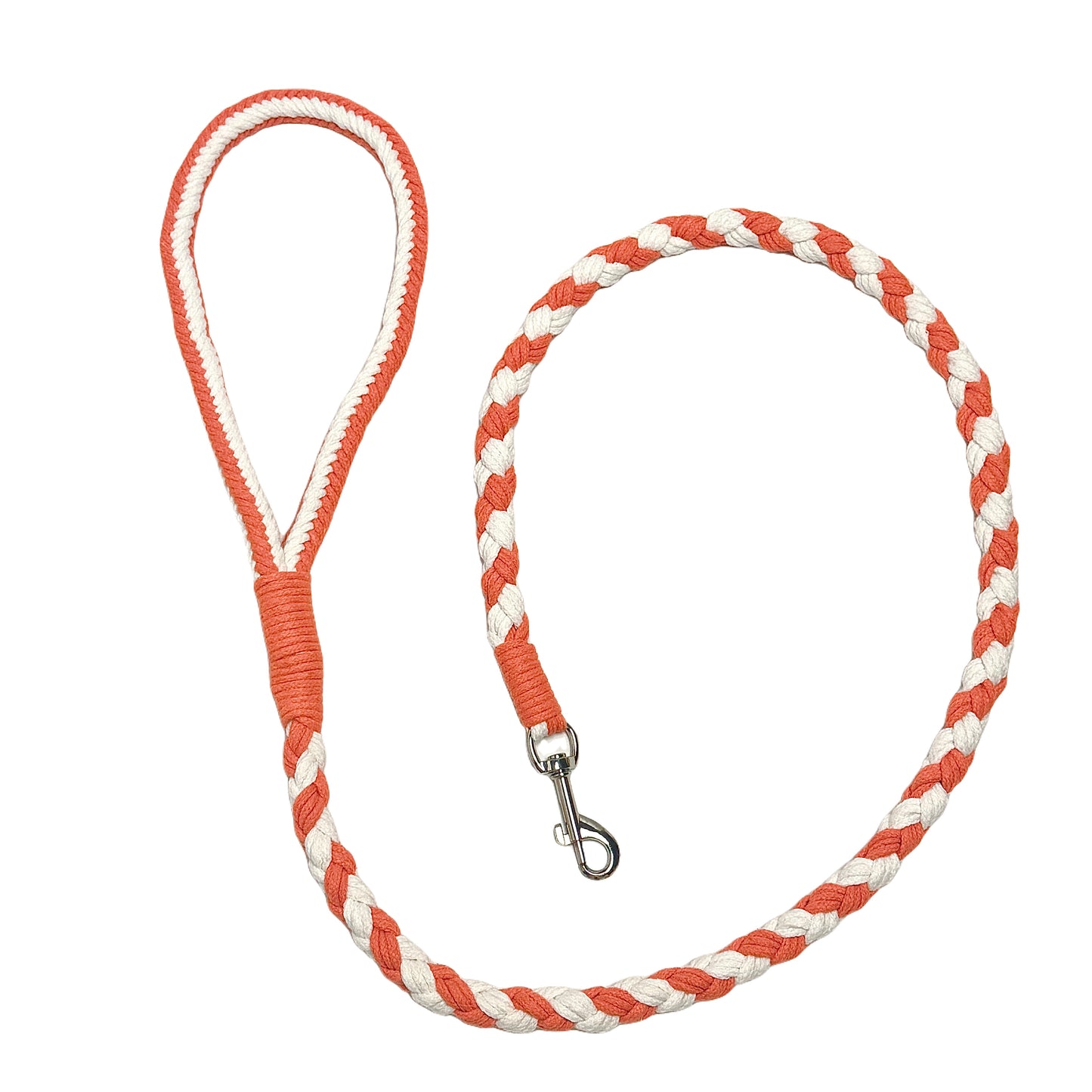 An orange and white braided handmade dog leash laid flat in a circular arrangement, showcasing the durable handle and sturdy metal clip, ideal for daily walks.