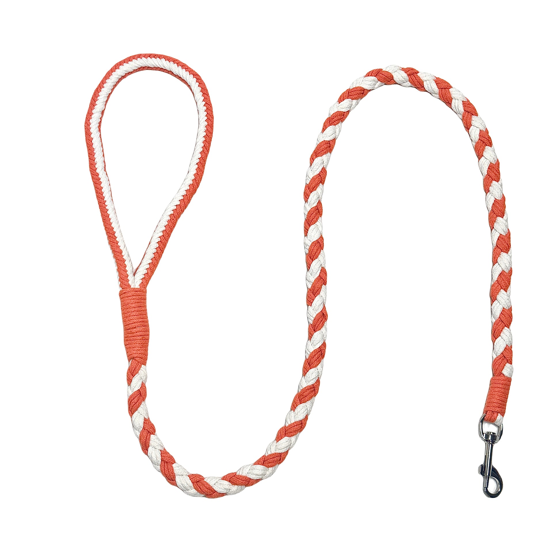 An orange and white handmade dog leash crafted from braided cotton with a soft handle and a secure metal clip, perfect for everyday use.