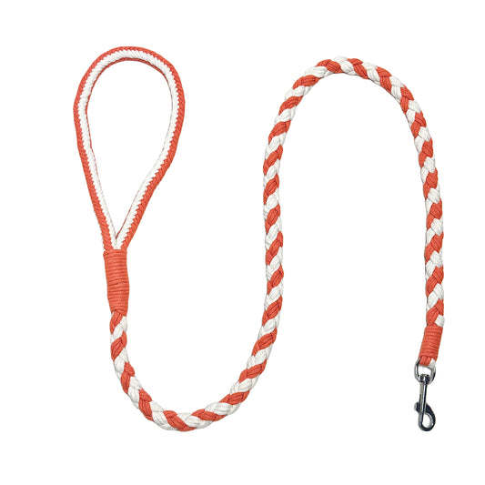 An orange and white handmade dog leash crafted from braided cotton with a soft handle and a secure metal clip, perfect for everyday use.