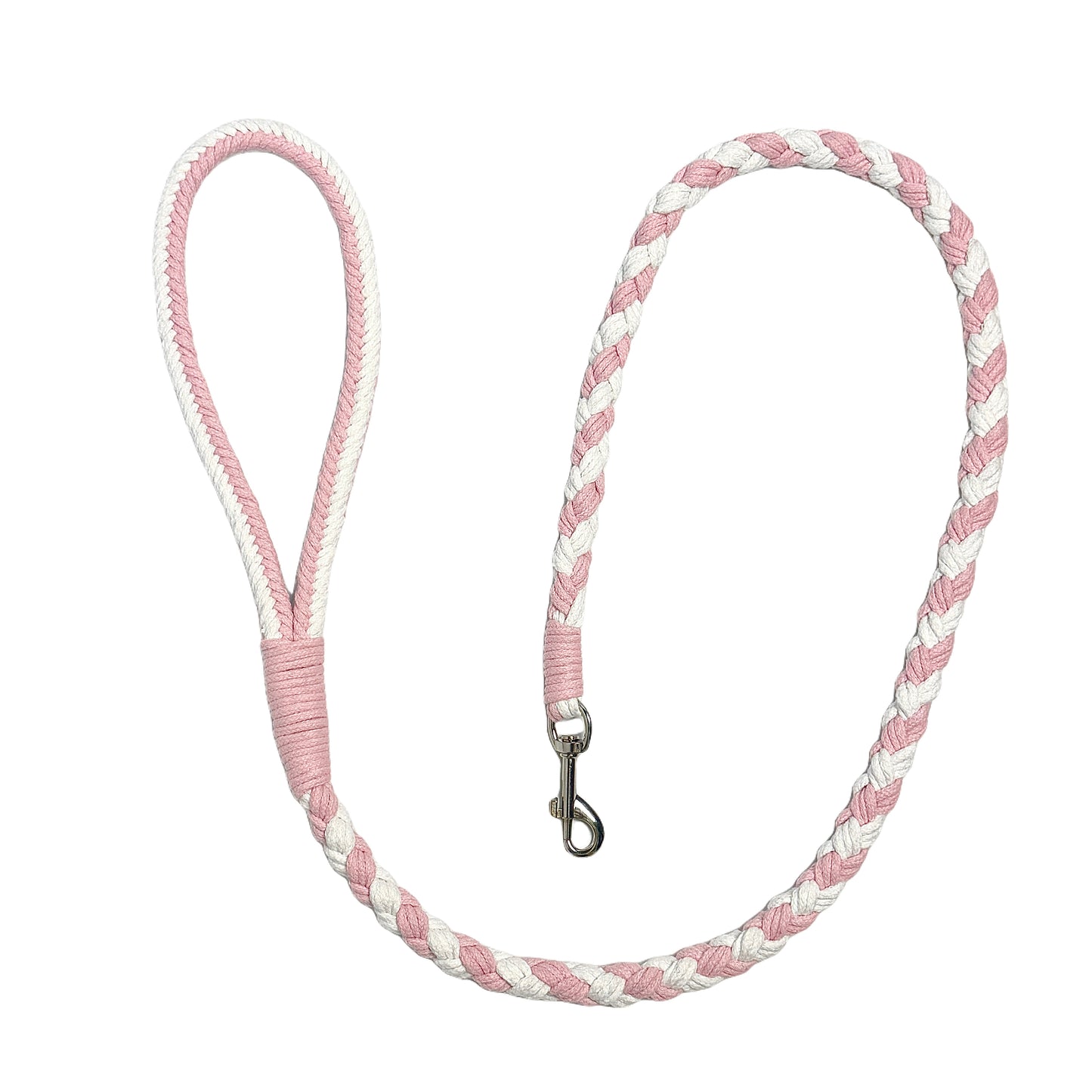 A pink and white braided handmade dog leash laid flat in a circular arrangement, showcasing the durable handle and sturdy metal clip, ideal for daily walks.