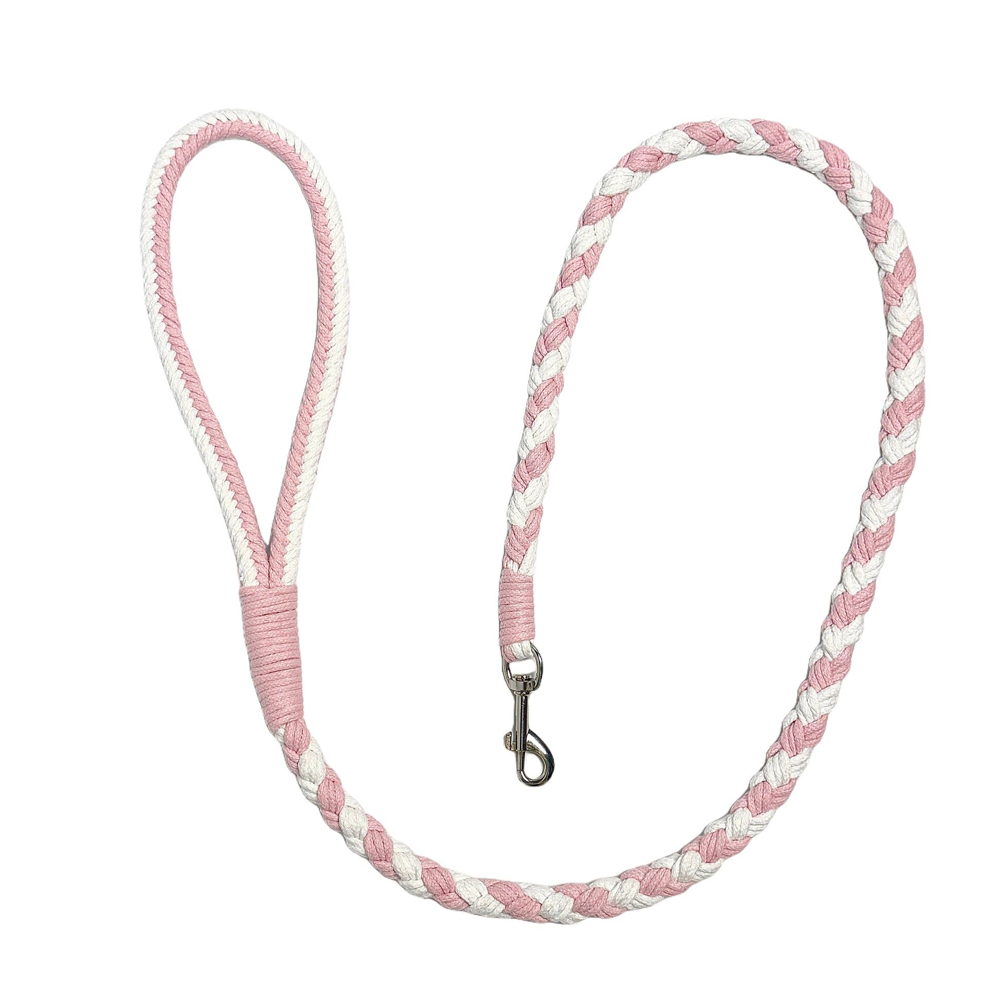 A pink and white braided handmade dog leash laid flat in a circular arrangement, showcasing the durable handle and sturdy metal clip, ideal for daily walks.