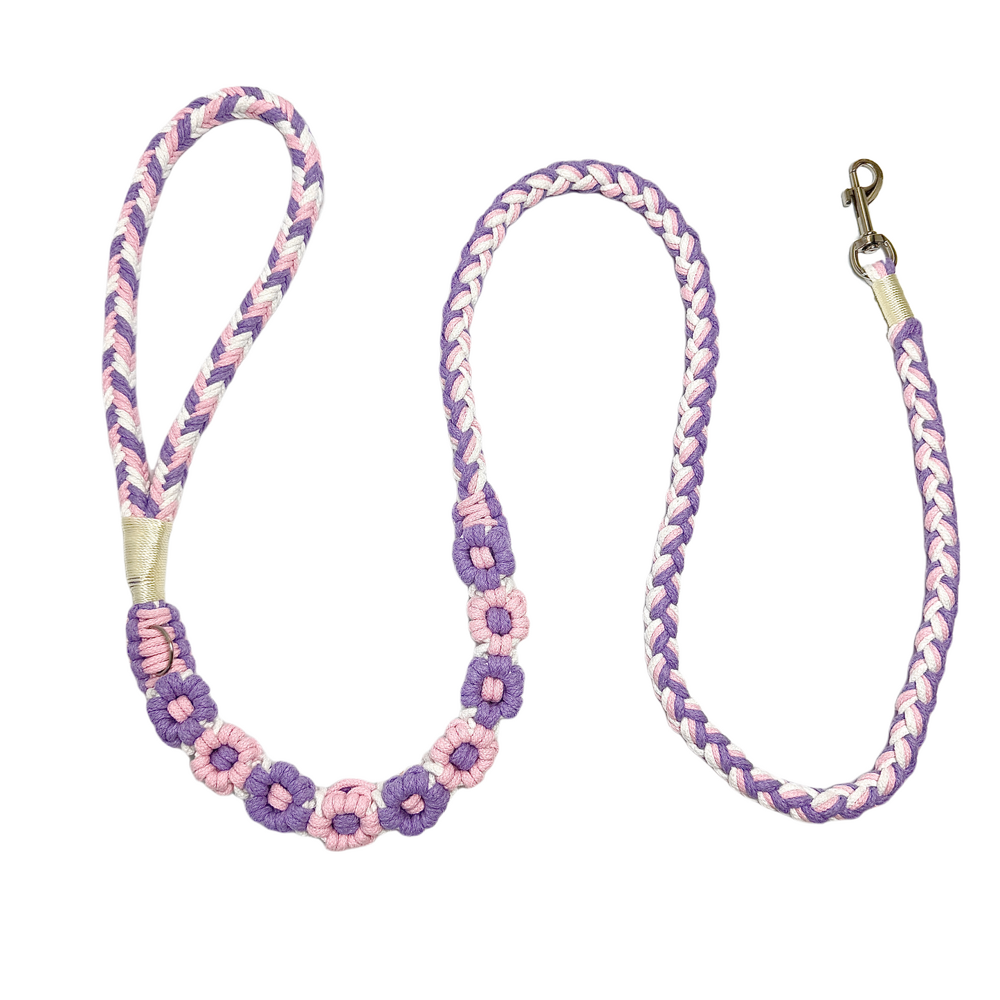 Purple and pink nine-flower handmade dog leash laid flat, displaying its overall design with a vibrant and elegant look.