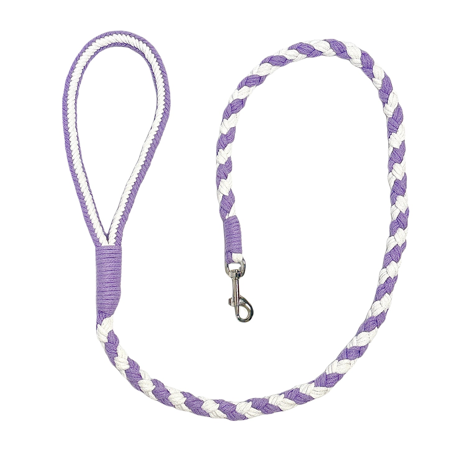 A purple and white braided handmade dog leash laid flat in a circular arrangement, showcasing the durable handle and sturdy metal clip, ideal for daily walks.
