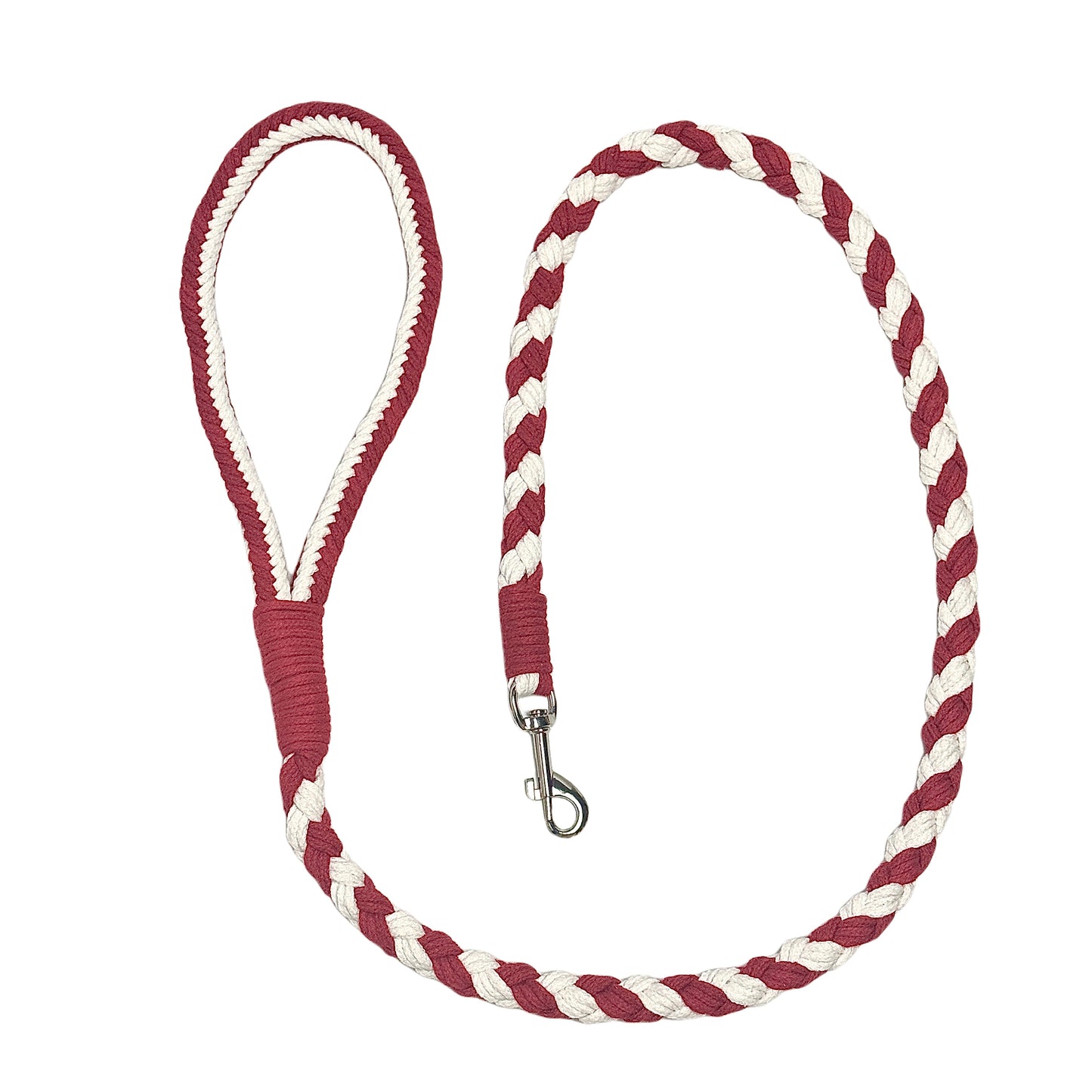 A red and white braided handmade dog leash laid flat in a circular arrangement, showcasing the durable handle and sturdy metal clip, ideal for daily walks.