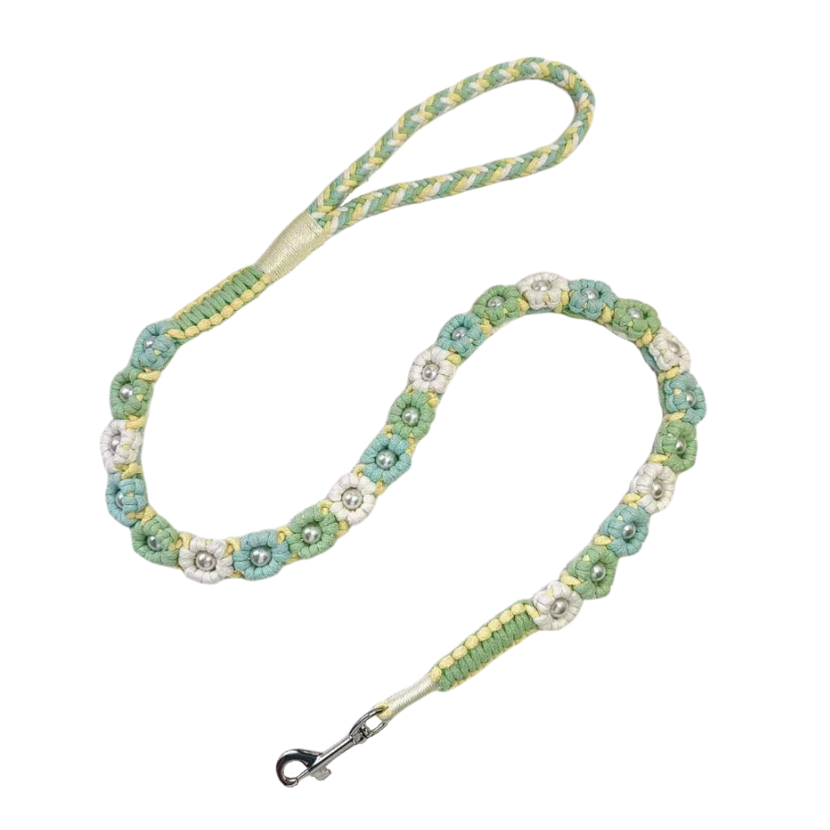 Handmade mint green yellow dog leash crafted from four colorful cotton ropes, the leash showcases beautifully woven floral accents.