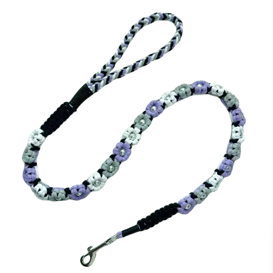 Handmade purple gray dog leash crafted from four cotton ropes, the leash showcases beautifully woven floral accents.