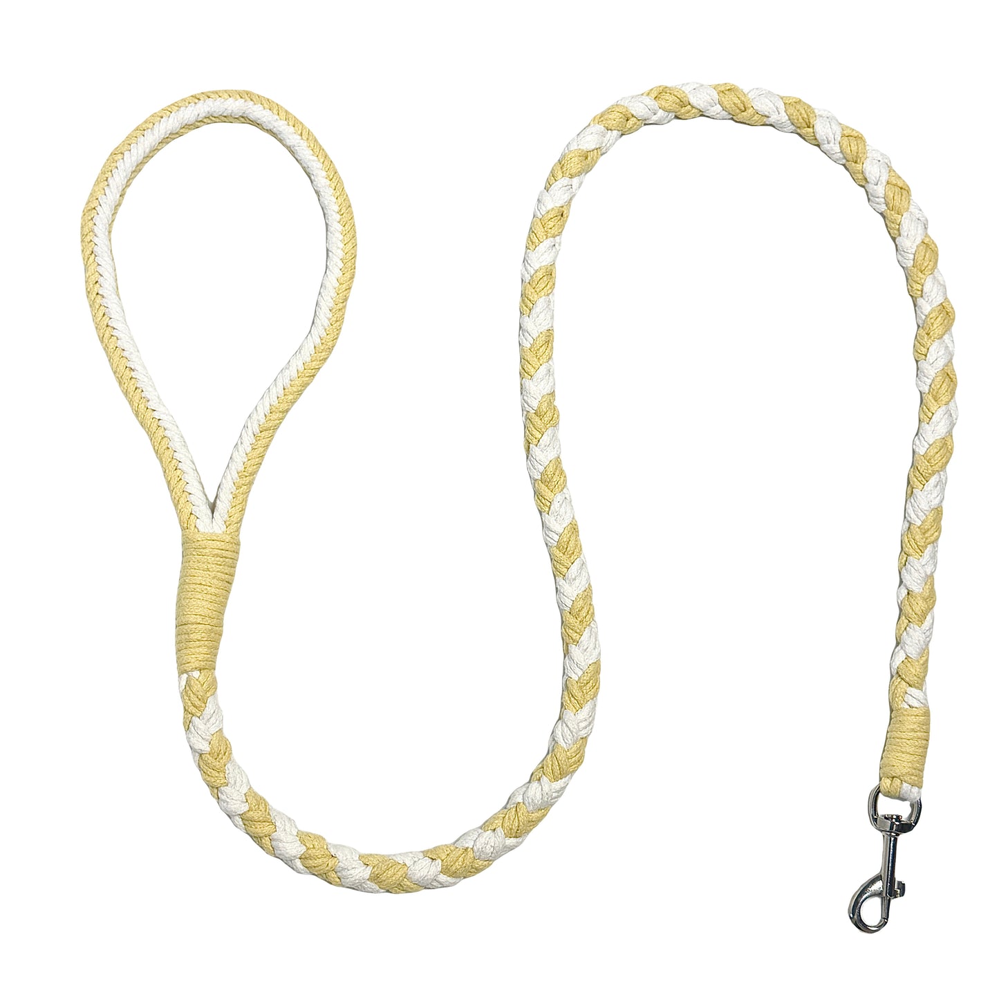 A yellow and white handmade dog leash crafted from braided cotton with a soft handle and a secure metal clip, perfect for everyday use.