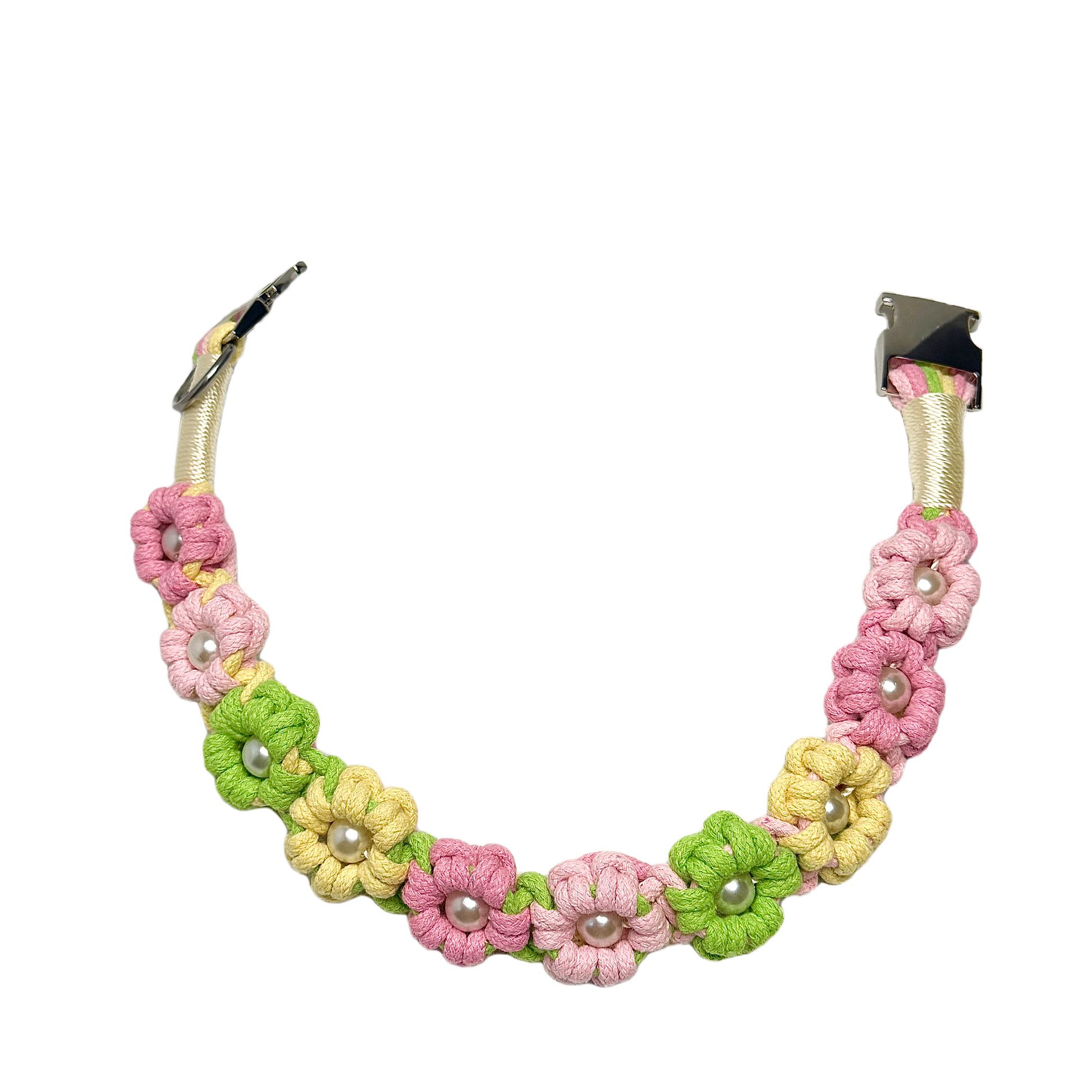 A yellow and green handmade dog collar featuring braided flower patterns with pearl embellishments, adding a touch of delight to your pet's life.